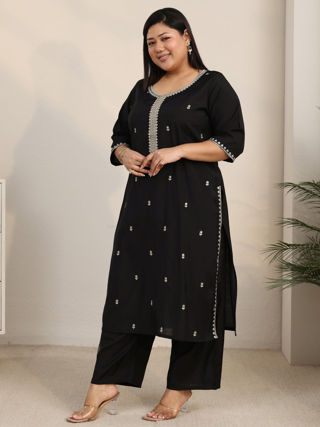  Plus Size Black Embroidered Silk Blend Straight Suit Set With Dupatta 