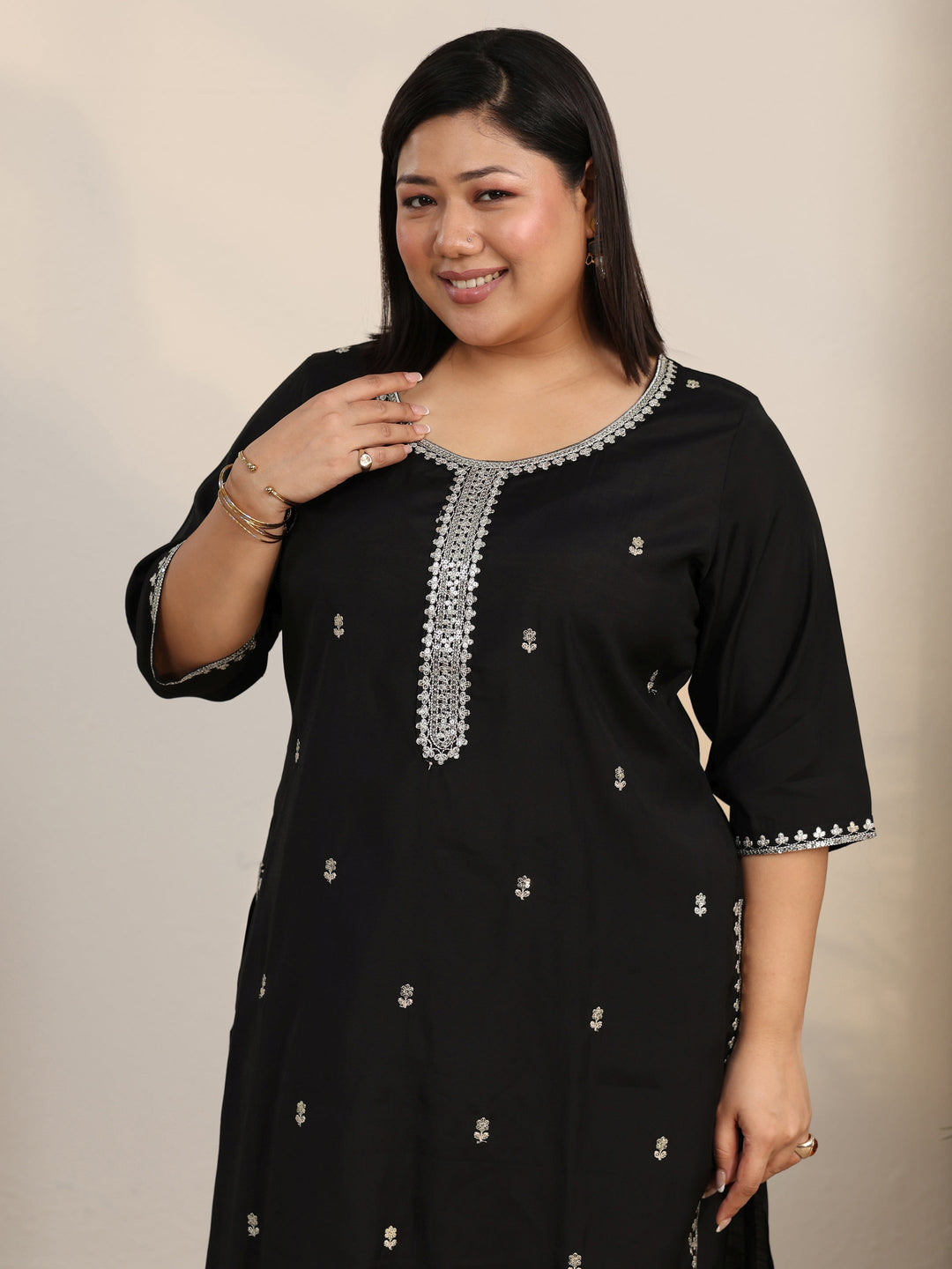  Plus Size Black Embroidered Silk Blend Straight Suit Set With Dupatta 