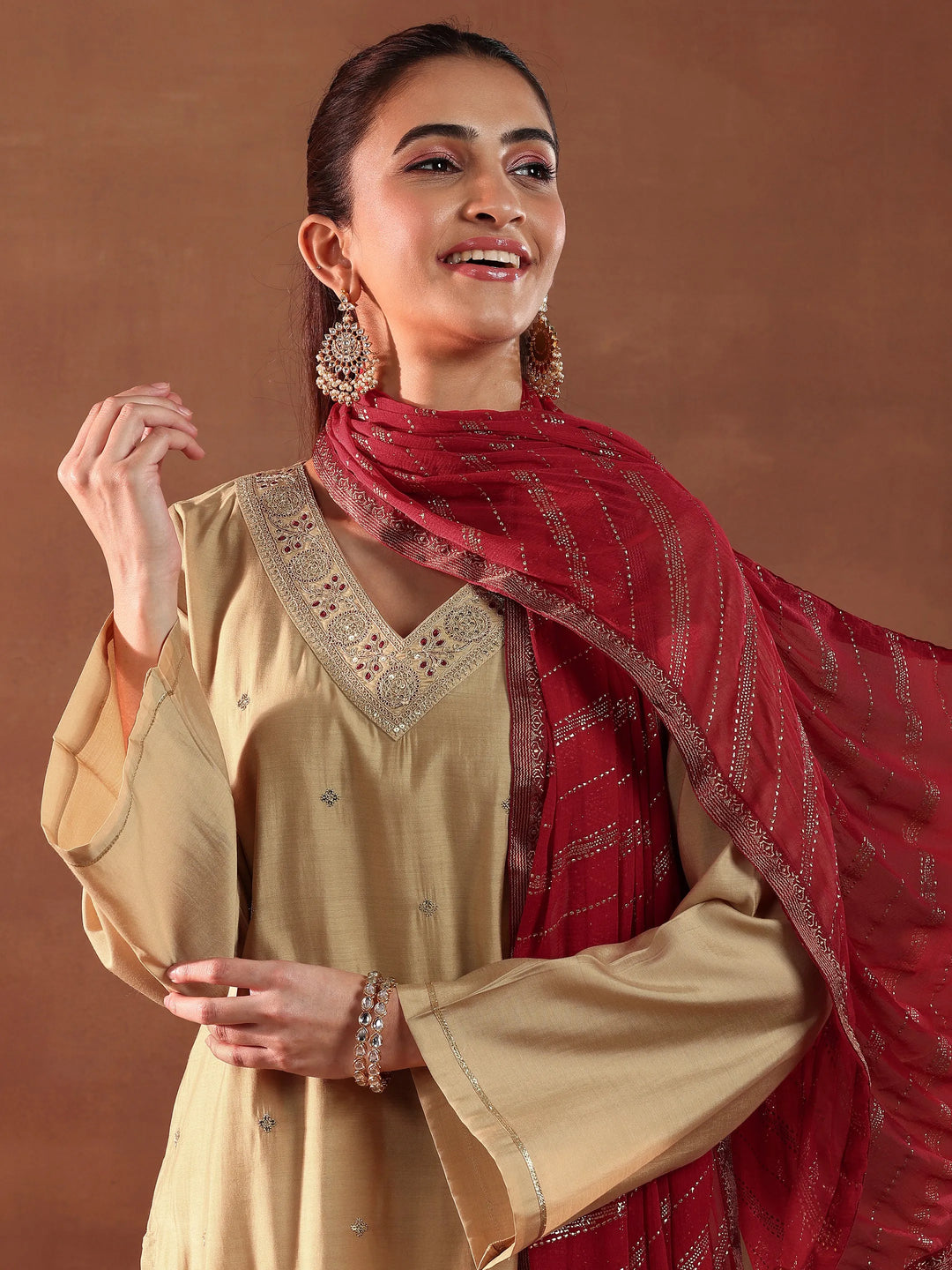  Beige Embroidered Silk Blend Straight Suit With Dupatta 