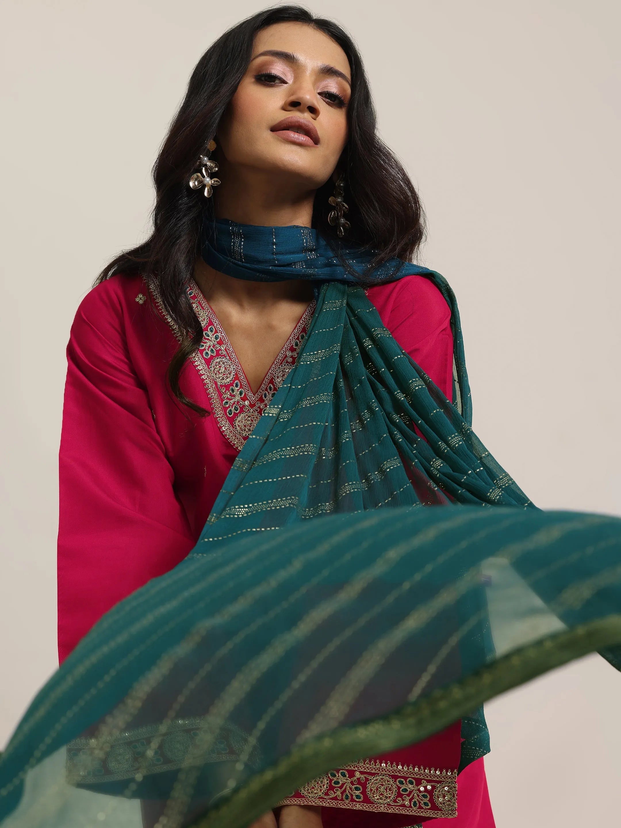 libas Red Embroidered Silk Blend Straight Suit Set With Dupatta-picture-36