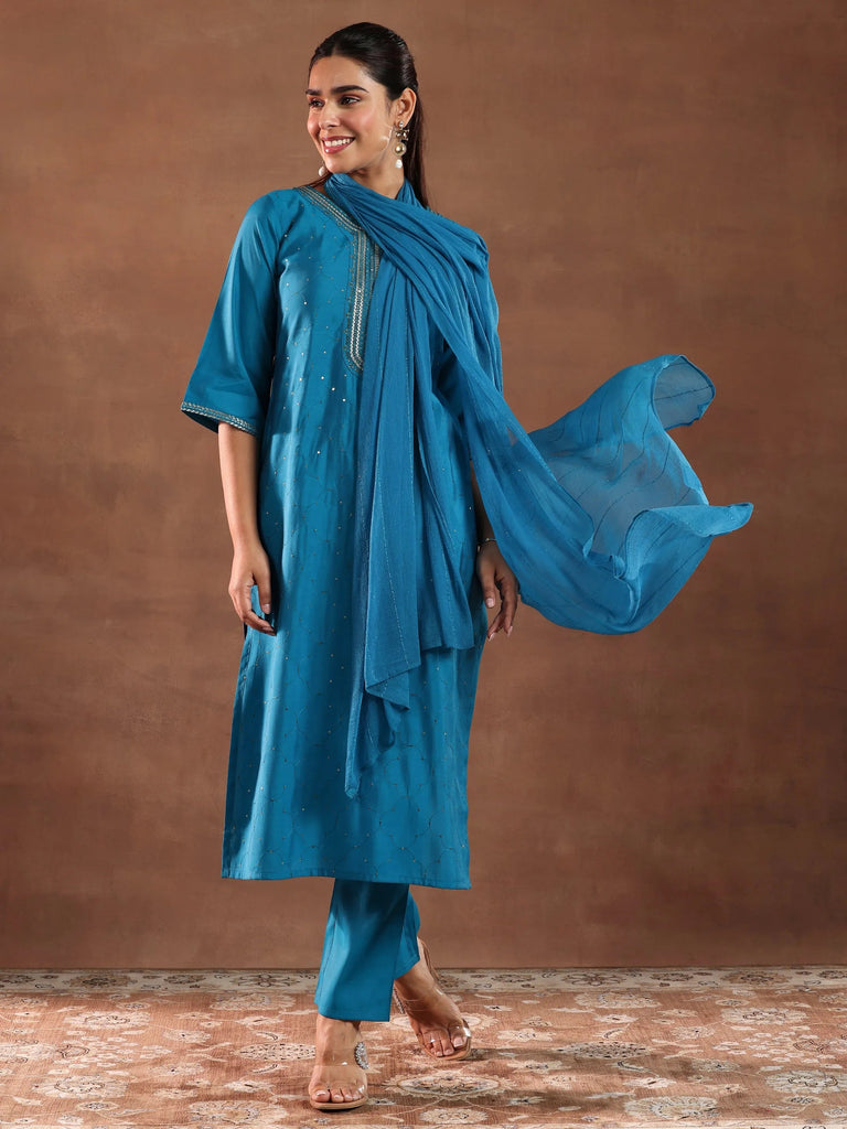 Gerua Blue Self Design Silk Blend Straight Suit With Dupatta