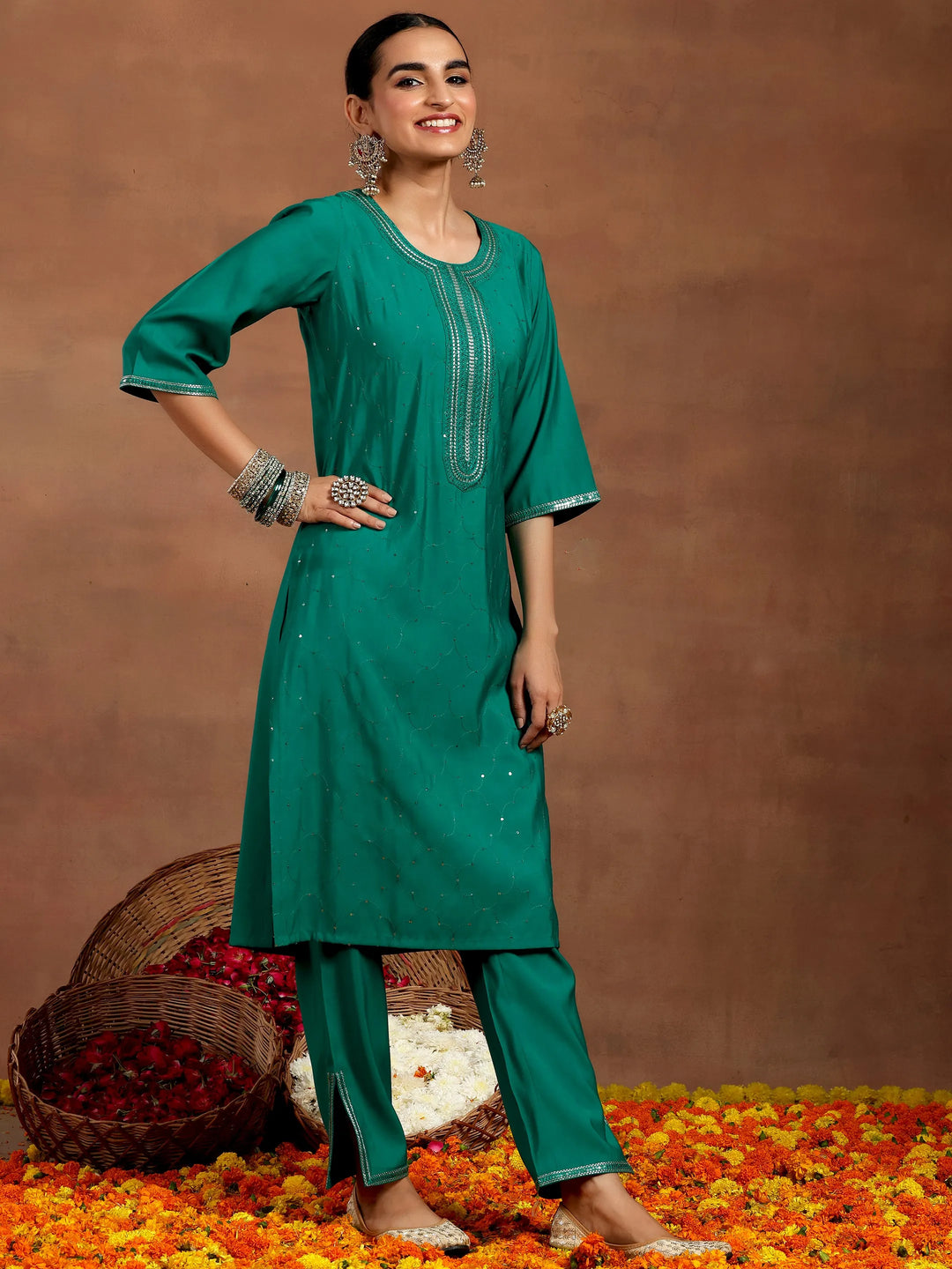  Rama Green Embellished Silk Blend Straight Suit With Dupatta 