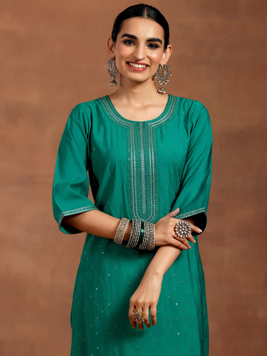  Rama Green Embellished Silk Blend Straight Suit With Dupatta 