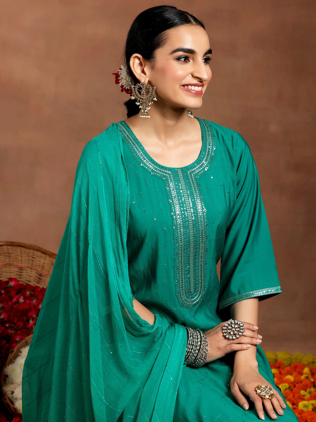  Rama Green Embellished Silk Blend Straight Suit With Dupatta 