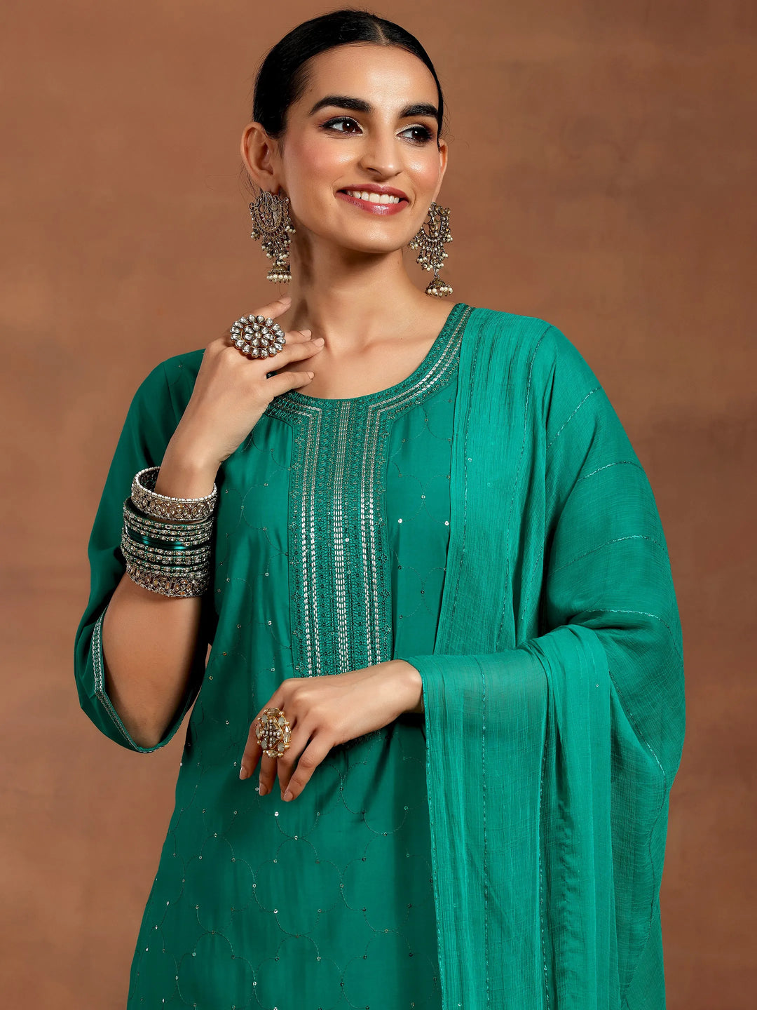  Rama Green Embellished Silk Blend Straight Suit With Dupatta 
