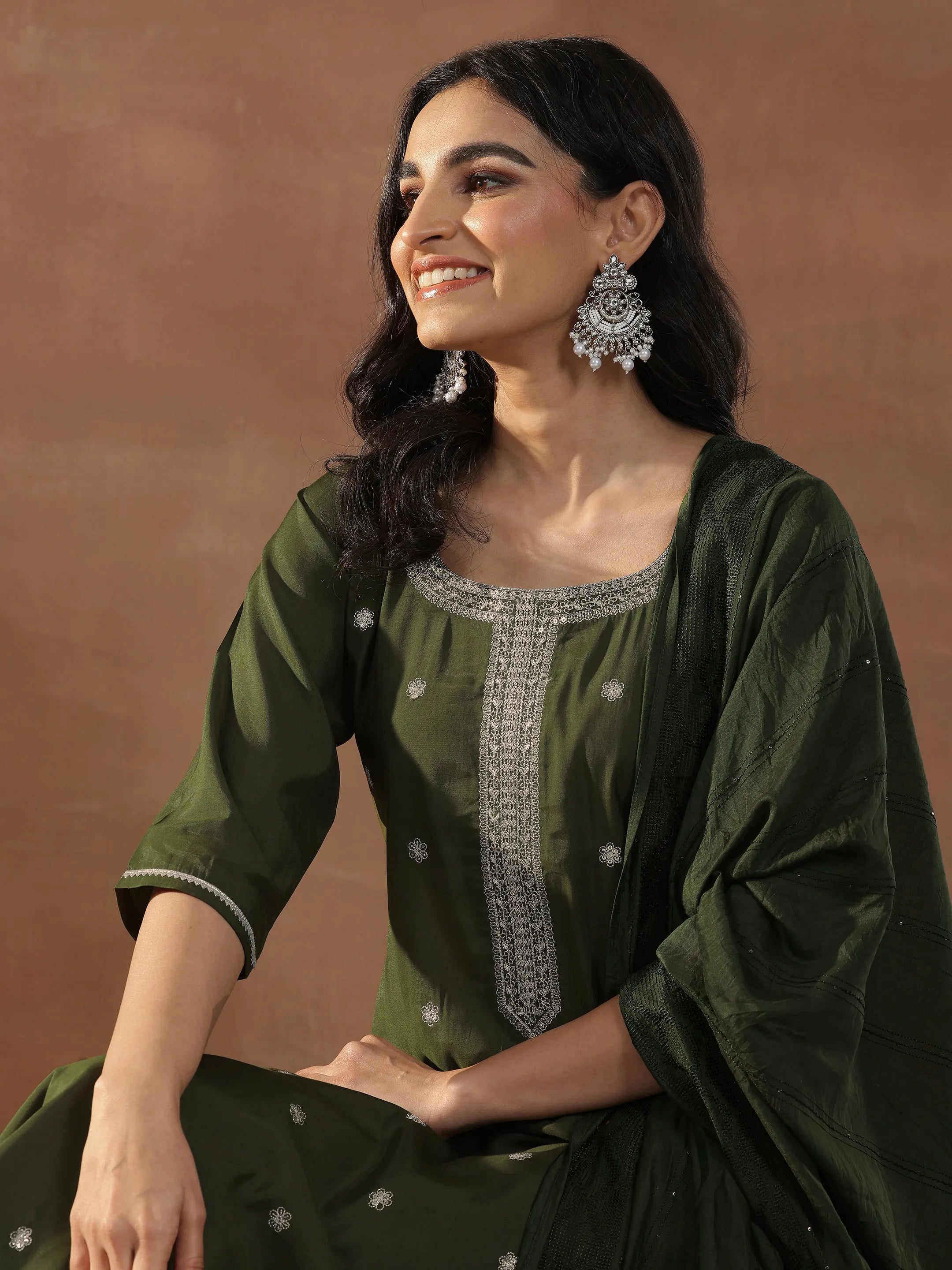 libas Olive Embroidered Silk Blend Straight Suit Set With Dupatta-picture-49