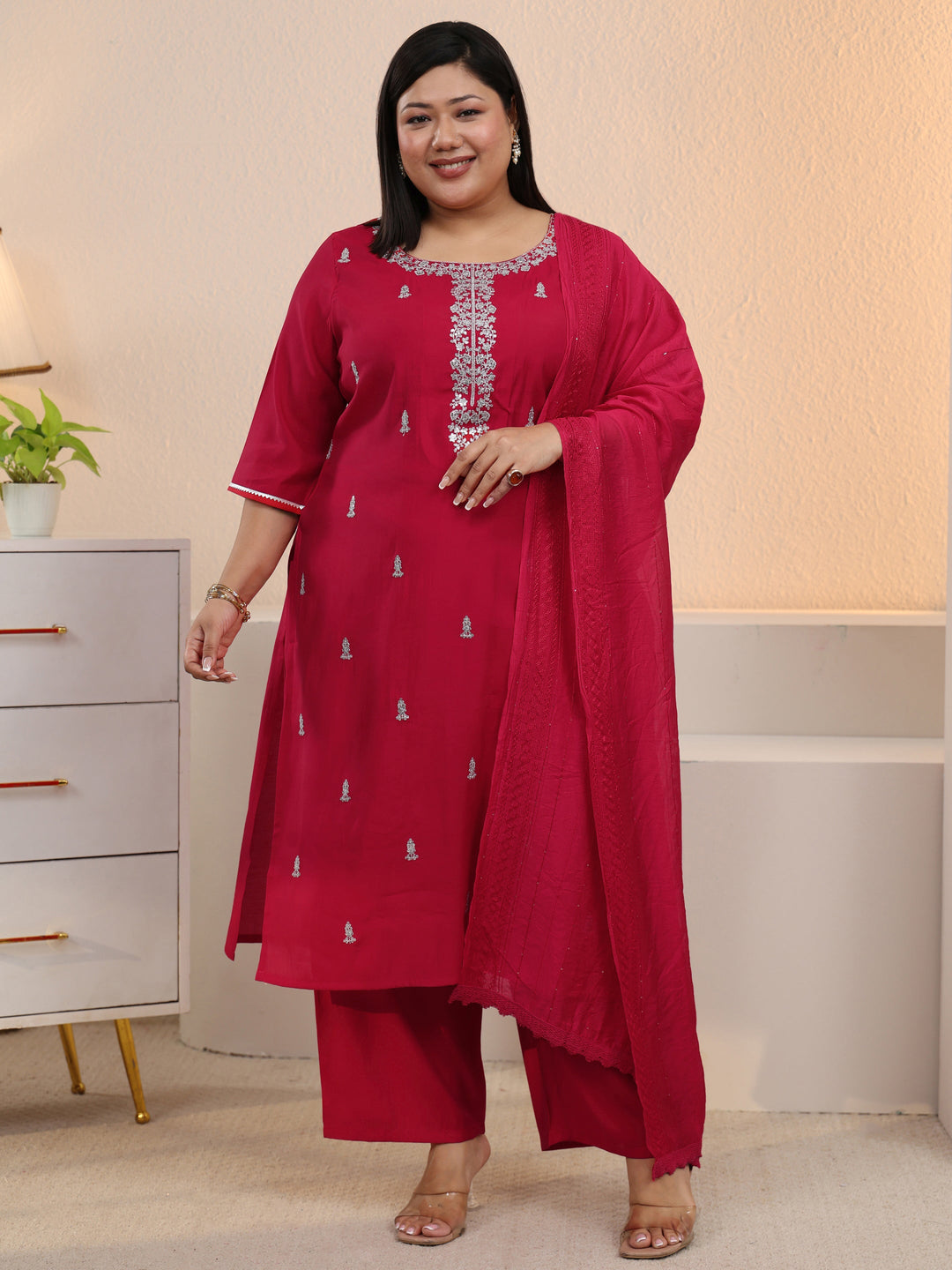  Plus Size Red Embroidered Silk Blend Straight Suit With Dupatta-color issue 