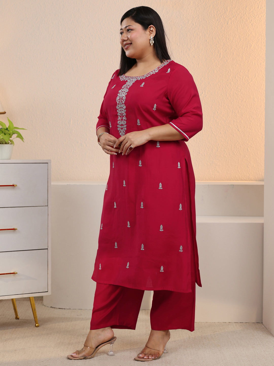  Plus Size Red Embroidered Silk Blend Straight Suit With Dupatta-color issue 