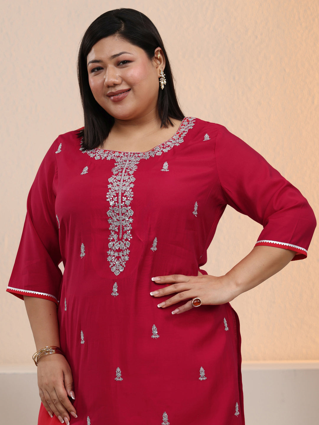  Plus Size Red Embroidered Silk Blend Straight Suit With Dupatta-color issue 