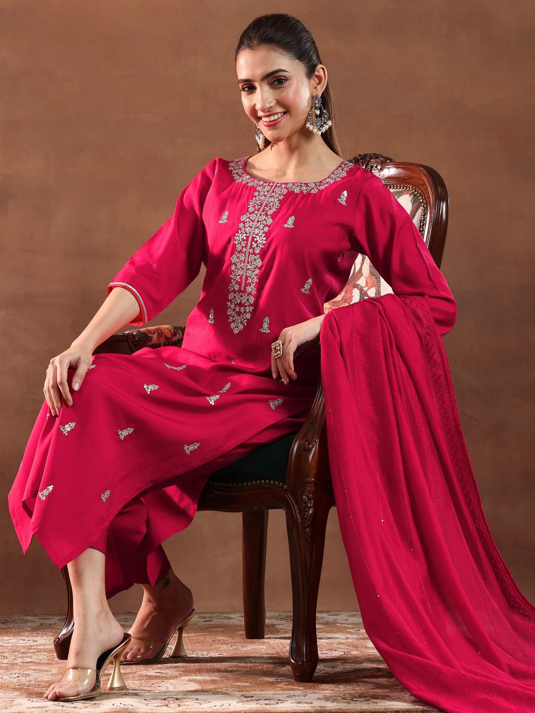  Red Embroidered Silk Blend Straight Suit With Dupatta-color issue 