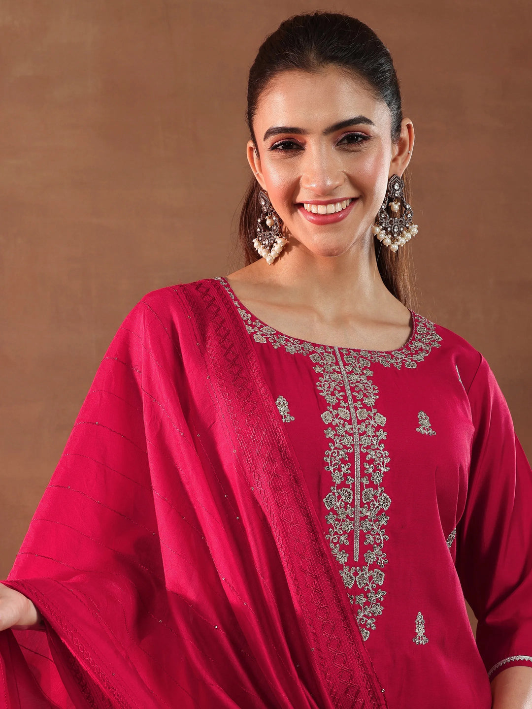 Red Embroidered Silk Blend Straight Suit With Dupatta-color issue 