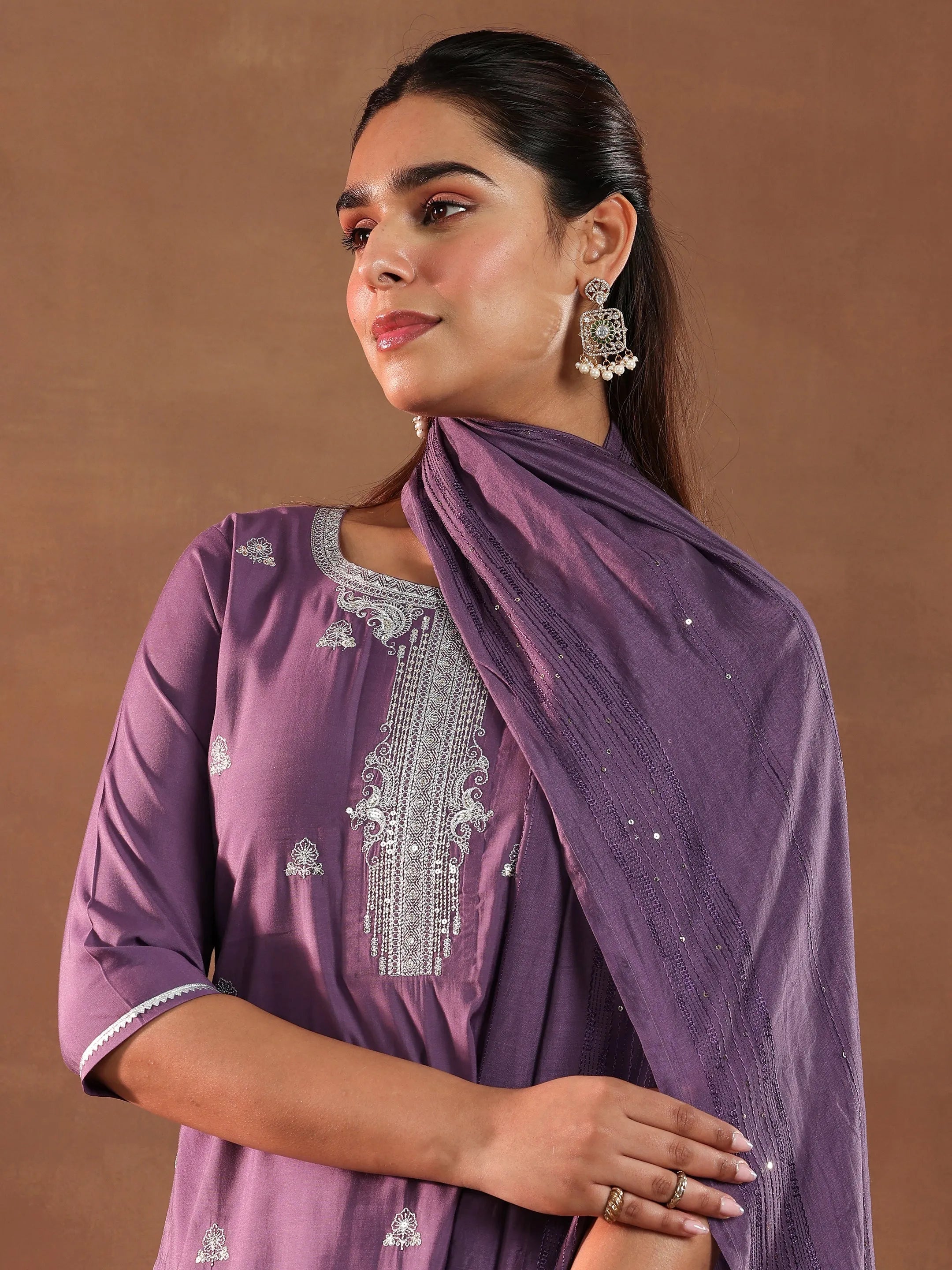 Mauve Embroidered Silk Blend Straight Suit With Dupatta-image-32