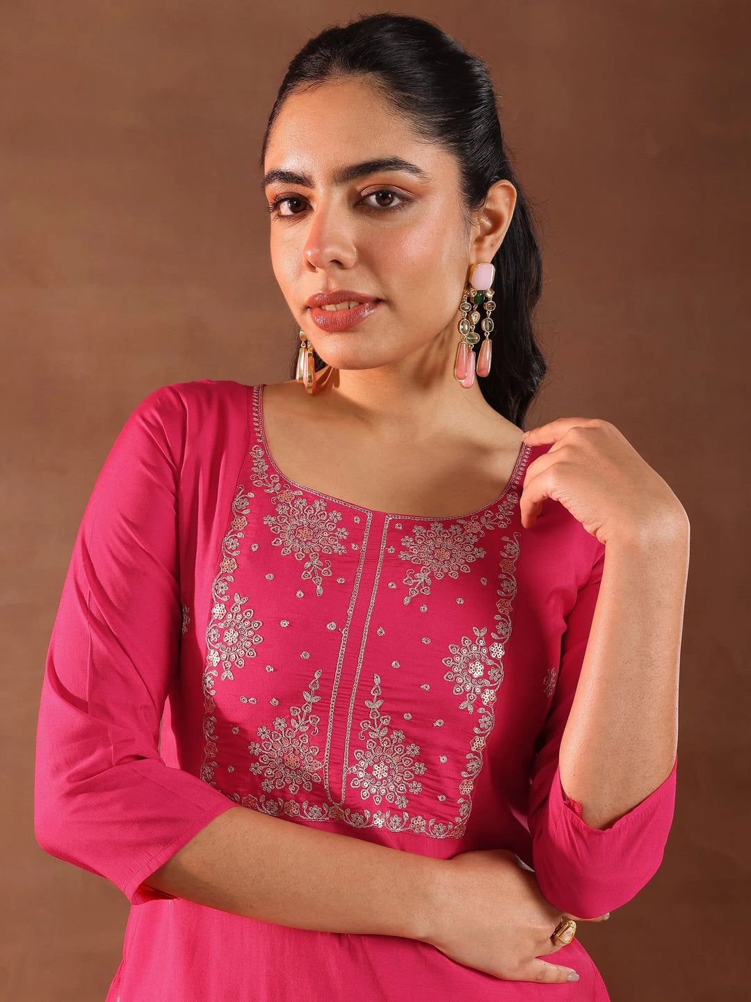  Pink Embroidered Silk Blend Straight Suit With Dupatta 