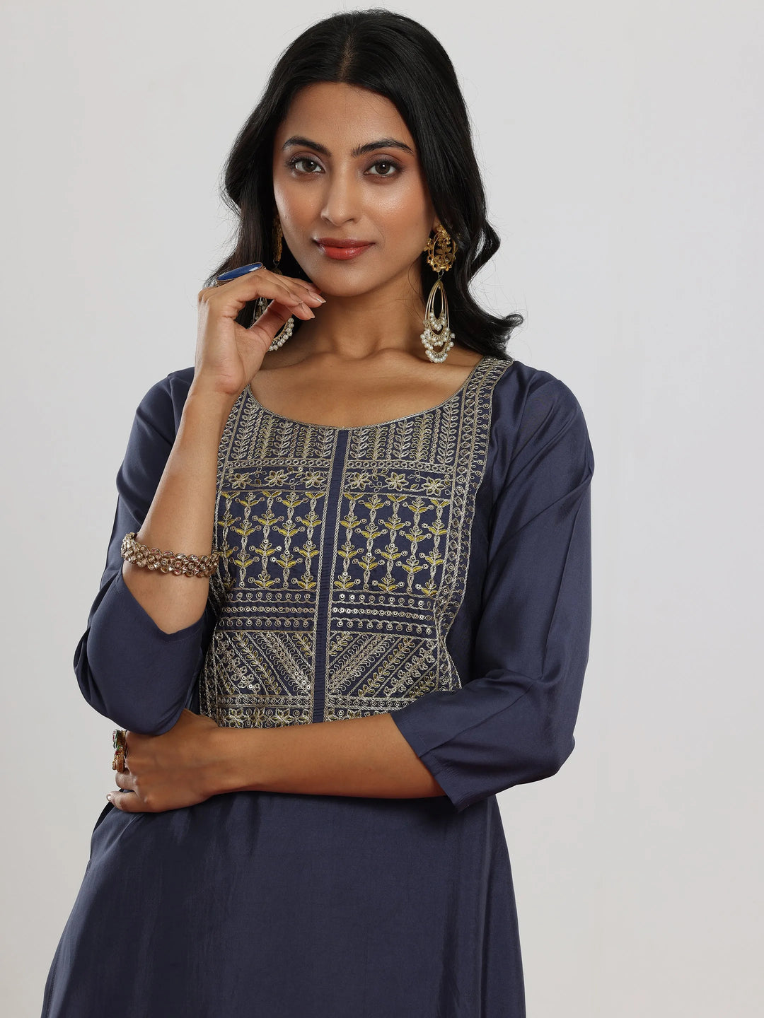  Blue Yoke Design Silk Blend Straight Suit With Dupatta 