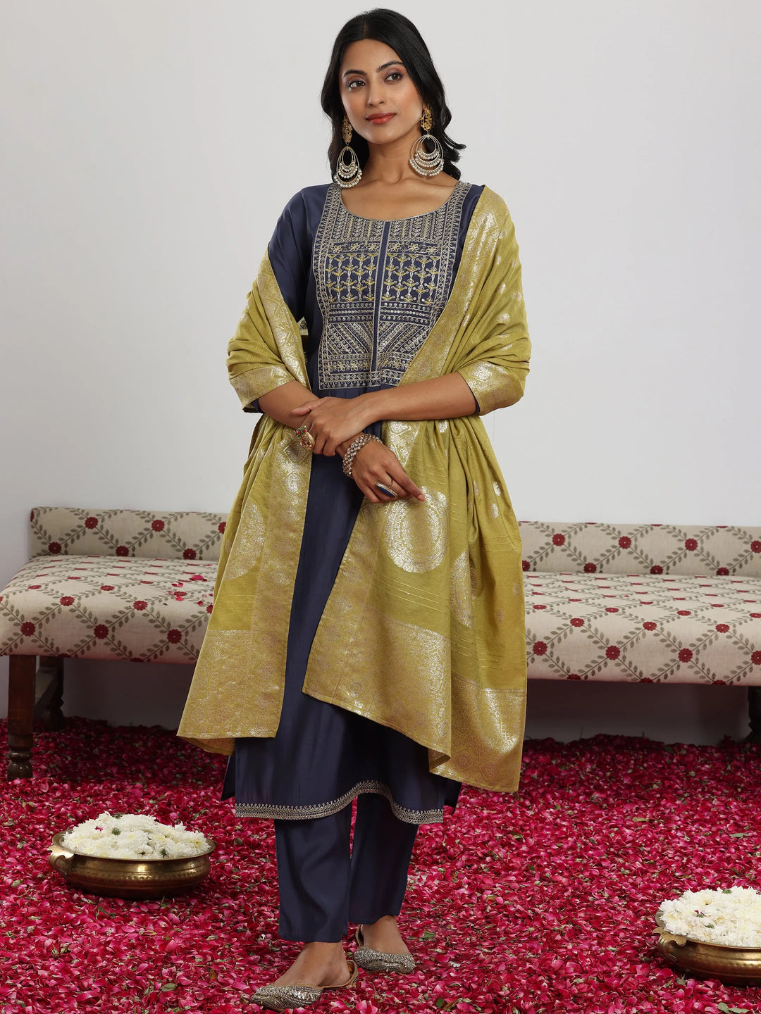  Blue Yoke Design Silk Blend Straight Suit With Dupatta 