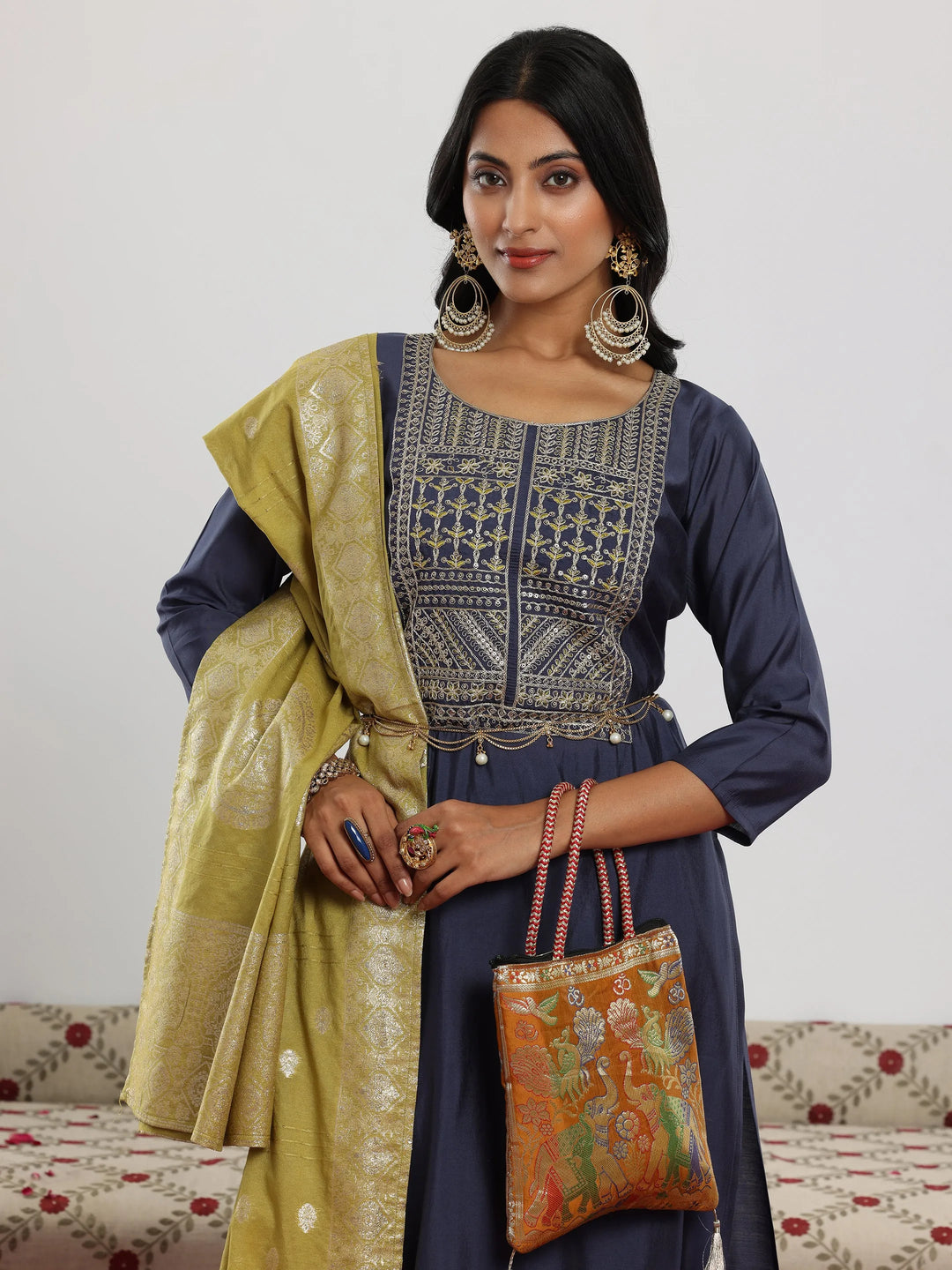  Blue Yoke Design Silk Blend Straight Suit With Dupatta 