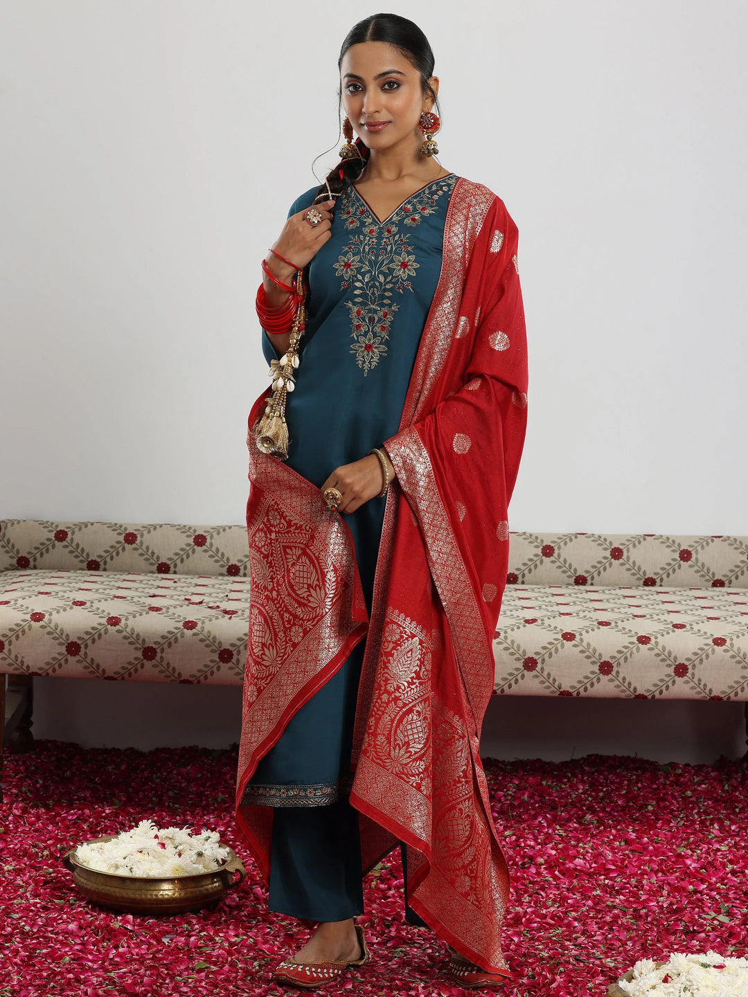  Teal Yoke Design Silk Blend Straight Suit With Dupatta 