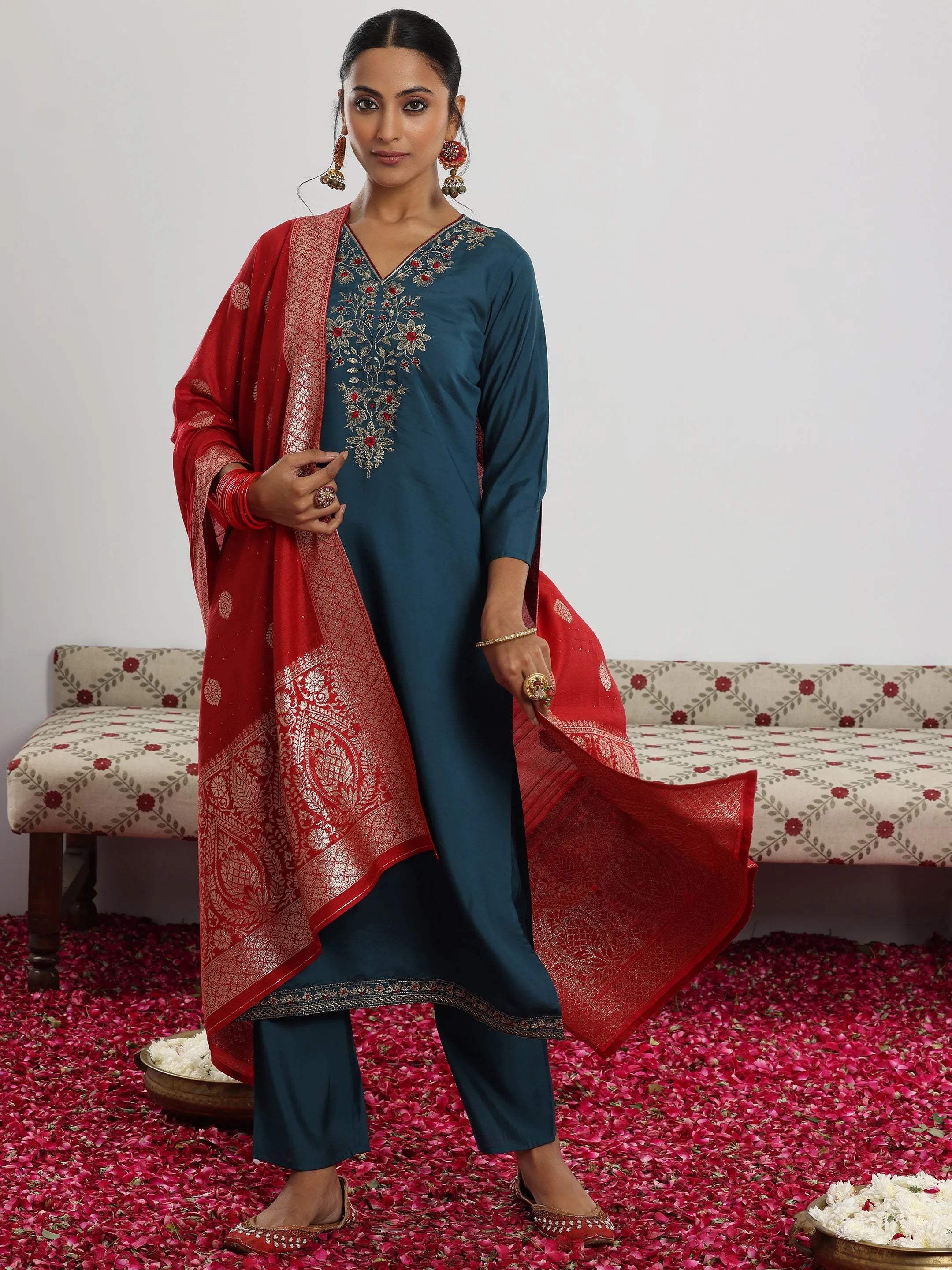 libas Teal Yoke Design Silk Blend Straight Suit With Dupatta-picture-18