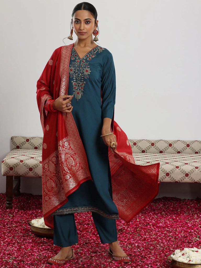 Gerua Teal Yoke Design Silk Blend Straight Suit With Dupatta