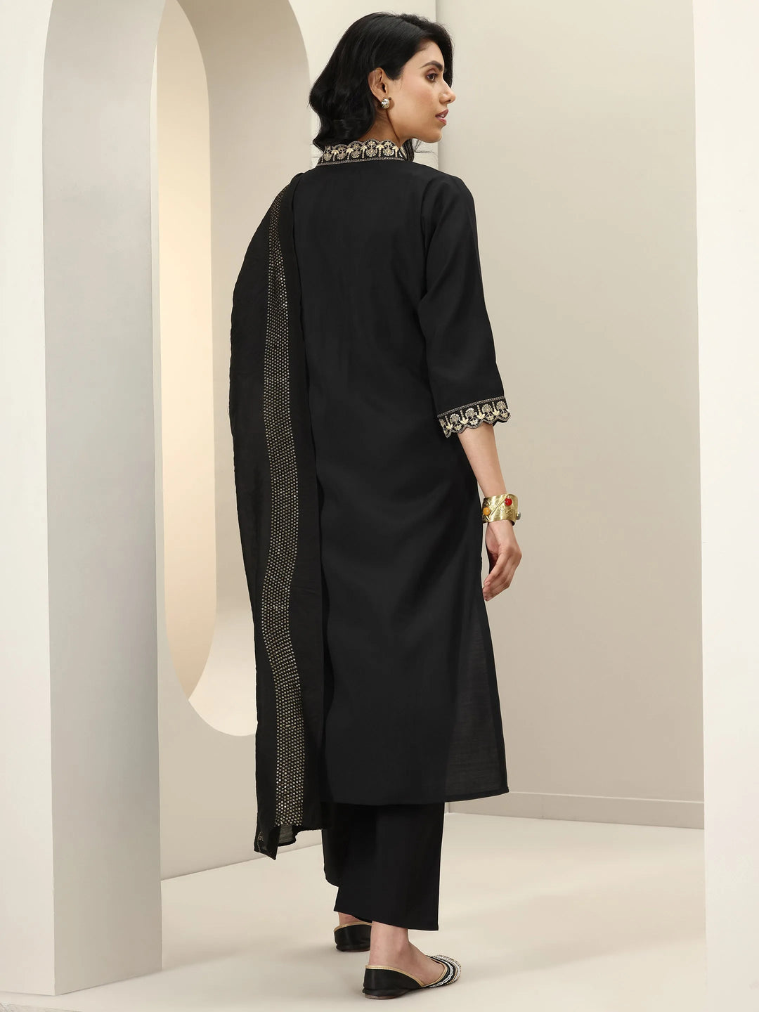 Black Embroidered Silk Blend A-Line Suit Sets With Dupatta