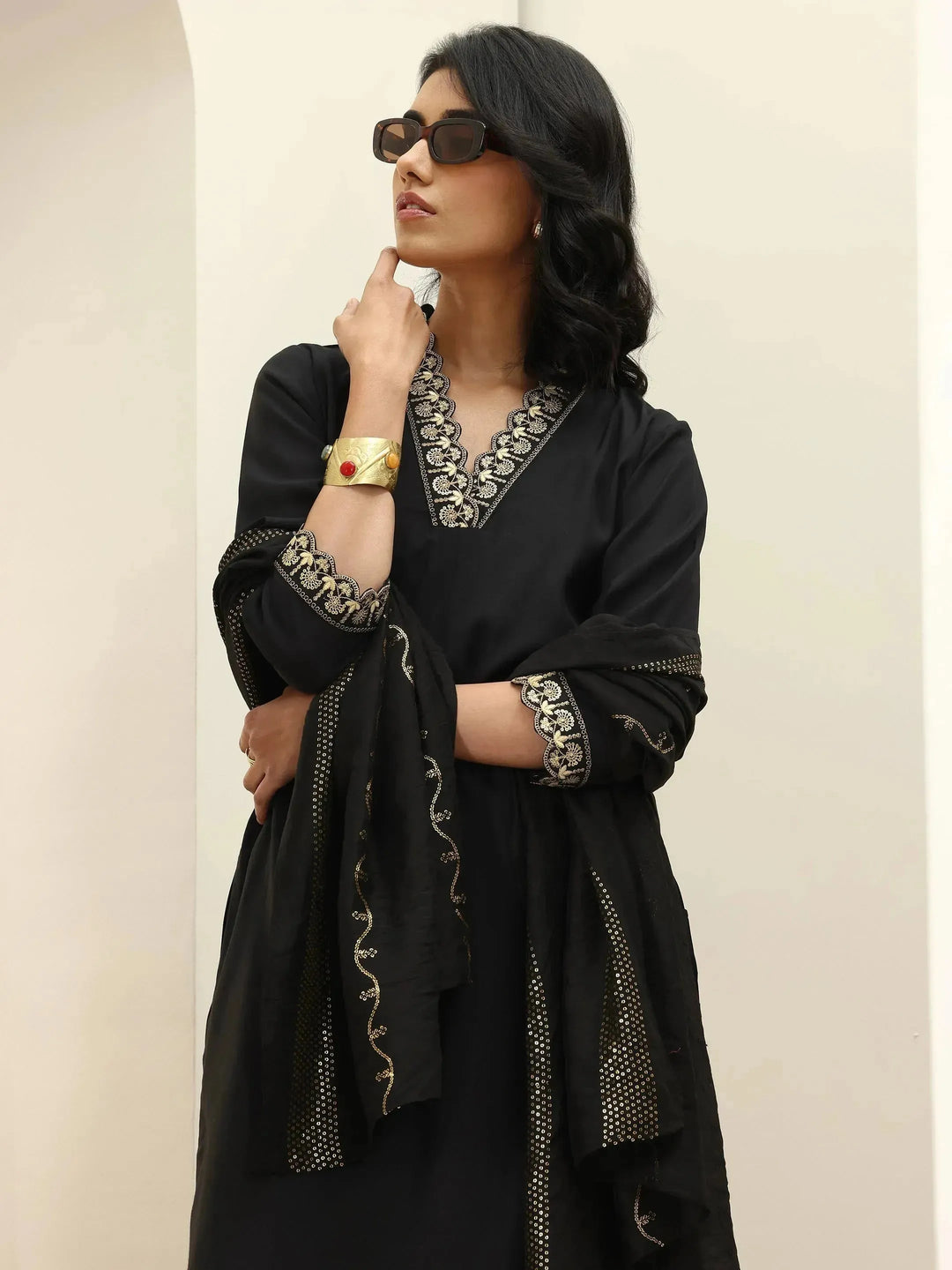  Black Embroidered Silk Blend Straight Suit Sets With Dupatta 