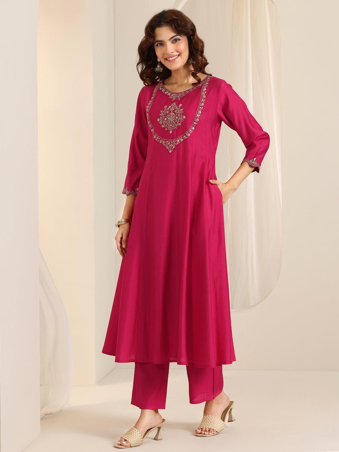  Pink Yoke Design Silk Blend A-Line Suit Set With Dupatta 