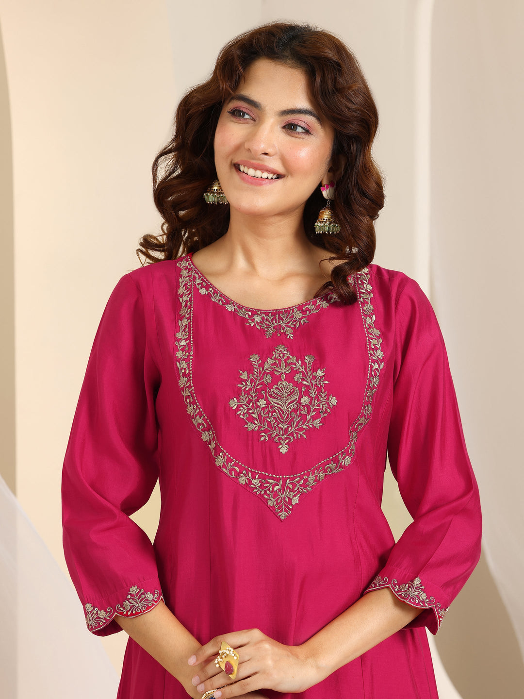  Pink Yoke Design Silk Blend A-Line Suit Set With Dupatta 
