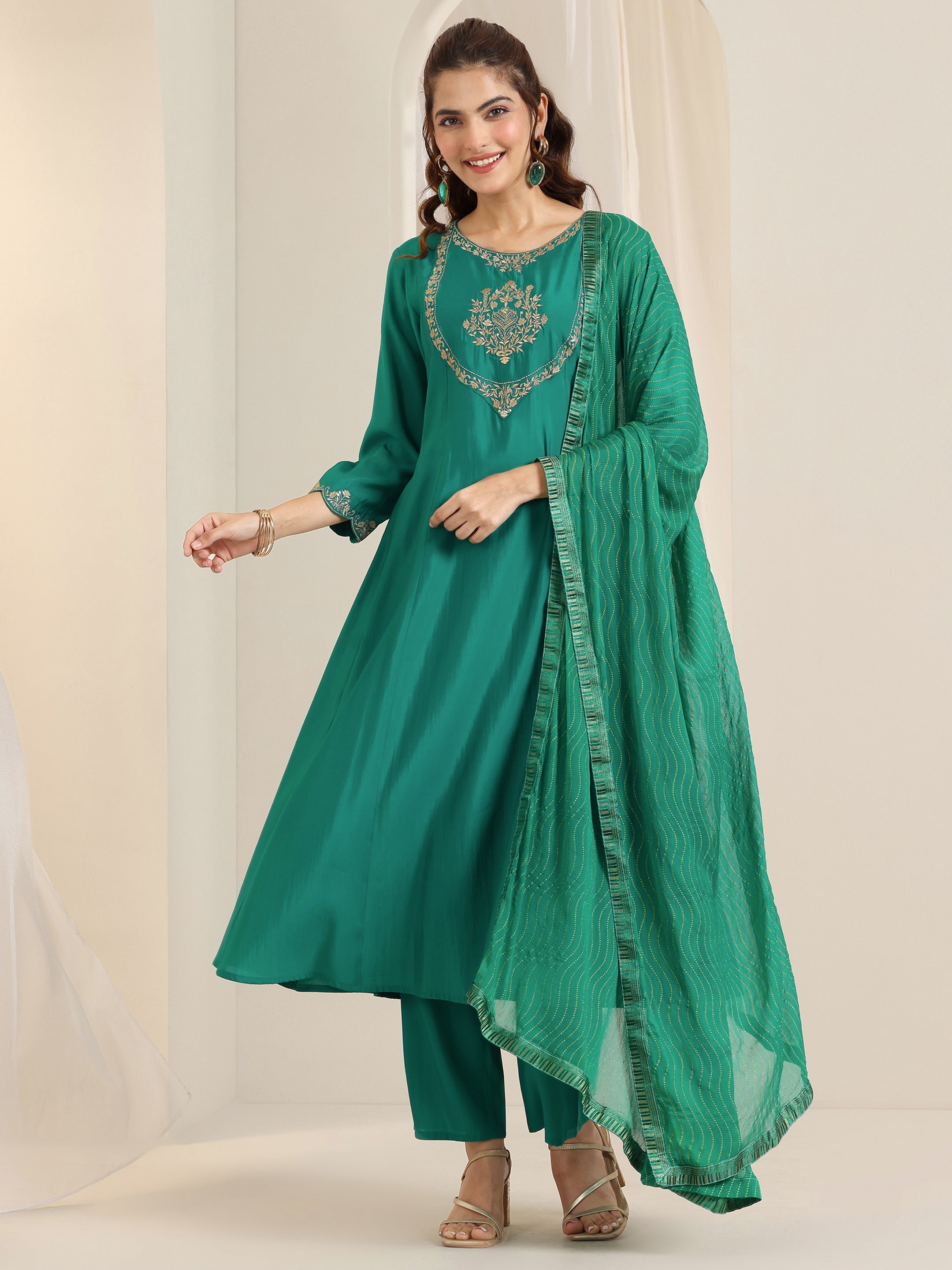 libas Teal Yoke Design Silk Blend A-Line Suit Set With Dupatta-picture-47