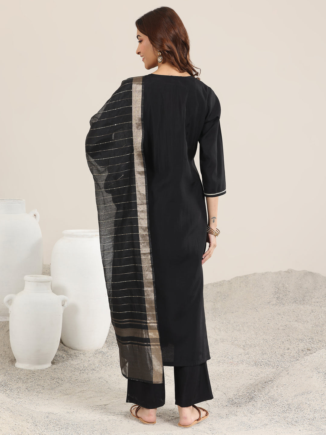  Black Embroidered Silk Blend Straight Suit With Dupatta 