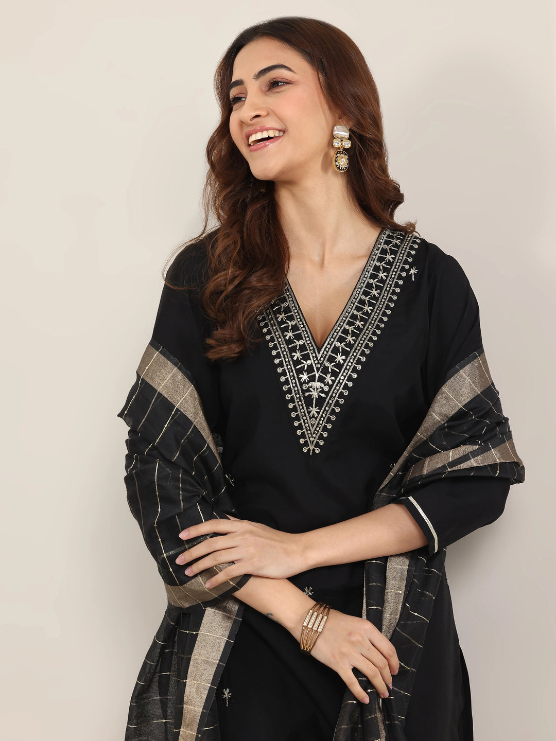 Black Embroidered Silk Blend Straight Suit With Dupatta