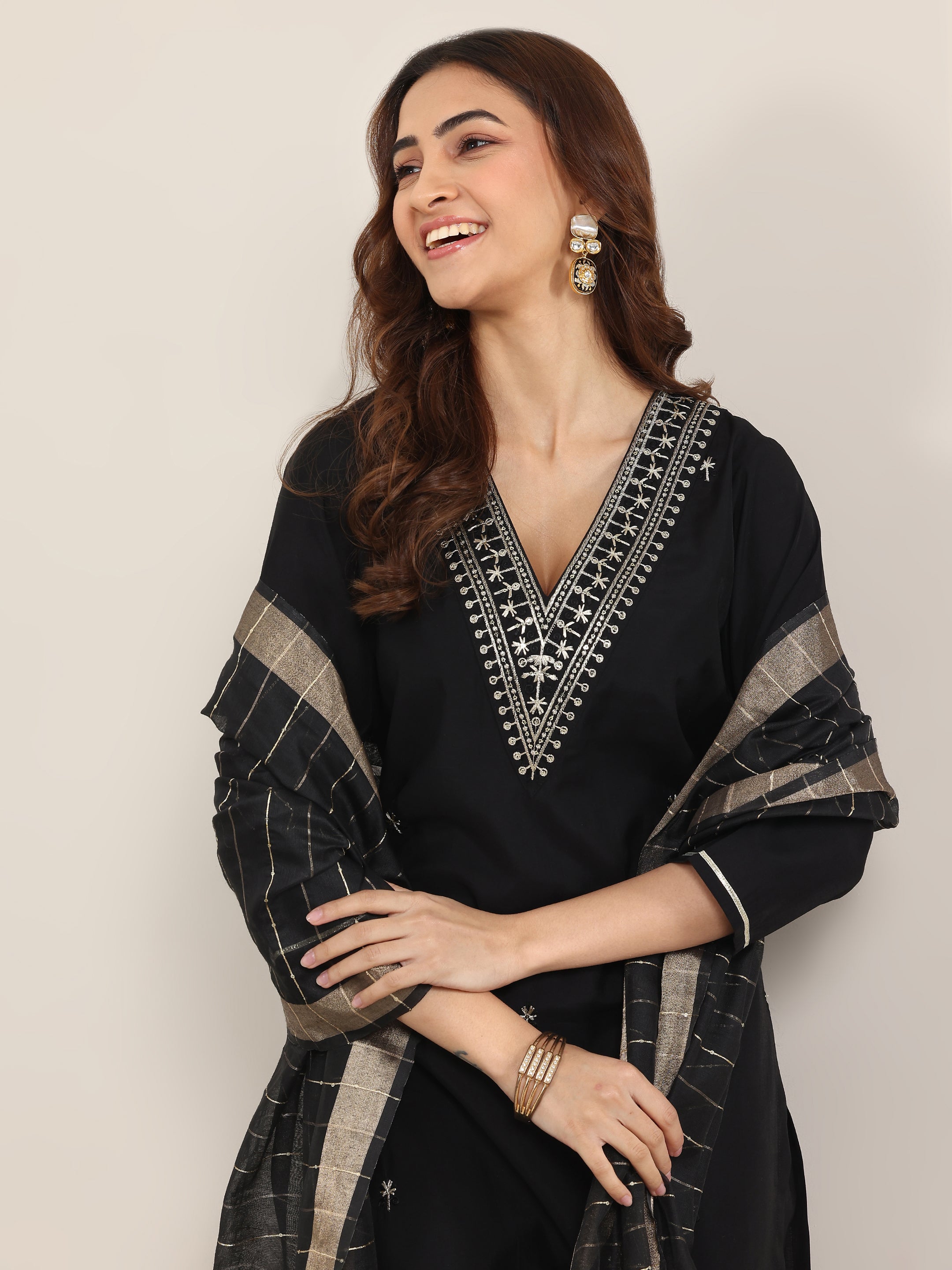 libas Black Embroidered Silk Blend Straight Suit With Dupatta-picture-52