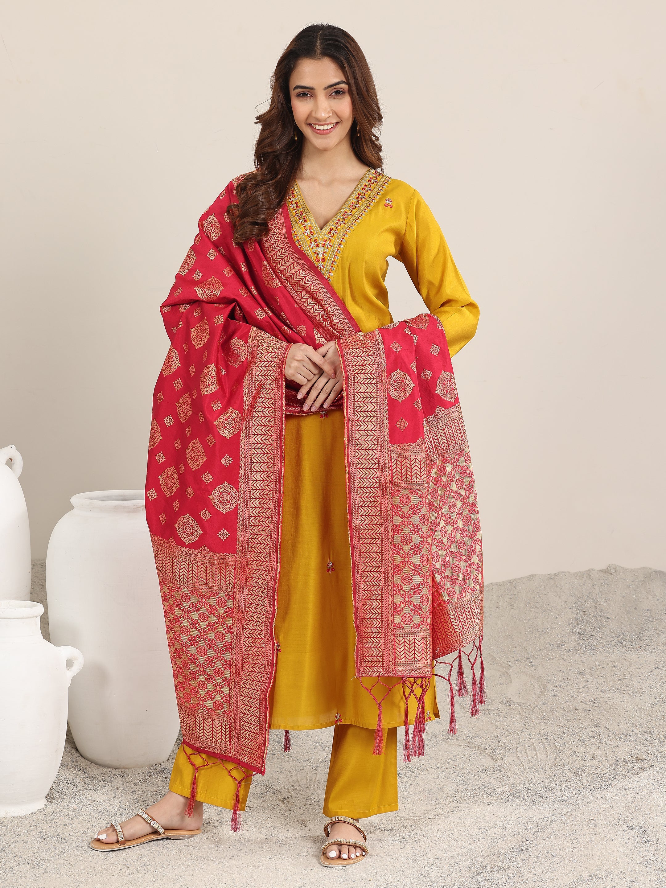 Mustard Embroidered Silk Blend Straight Suit With Dupatta-image-35