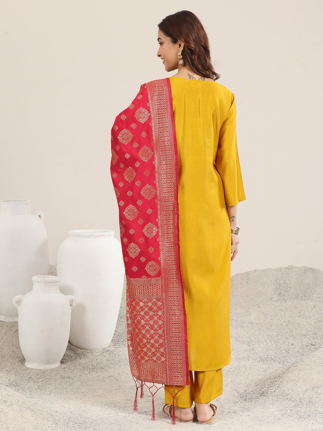  Mustard Embroidered Silk Blend Straight Suit With Dupatta 