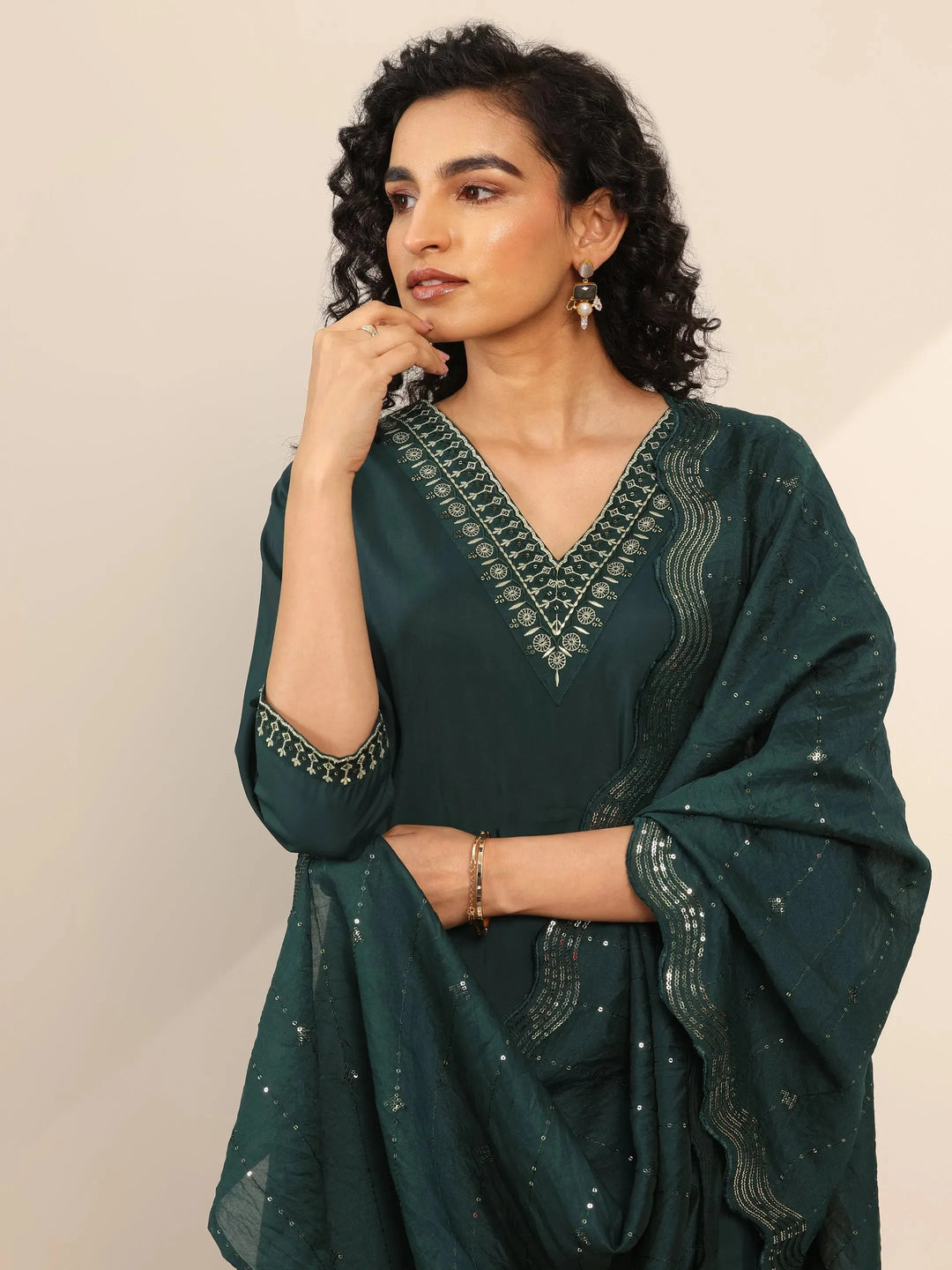 Teal Yoke Design Silk Blend Straight Suit With Dupatta