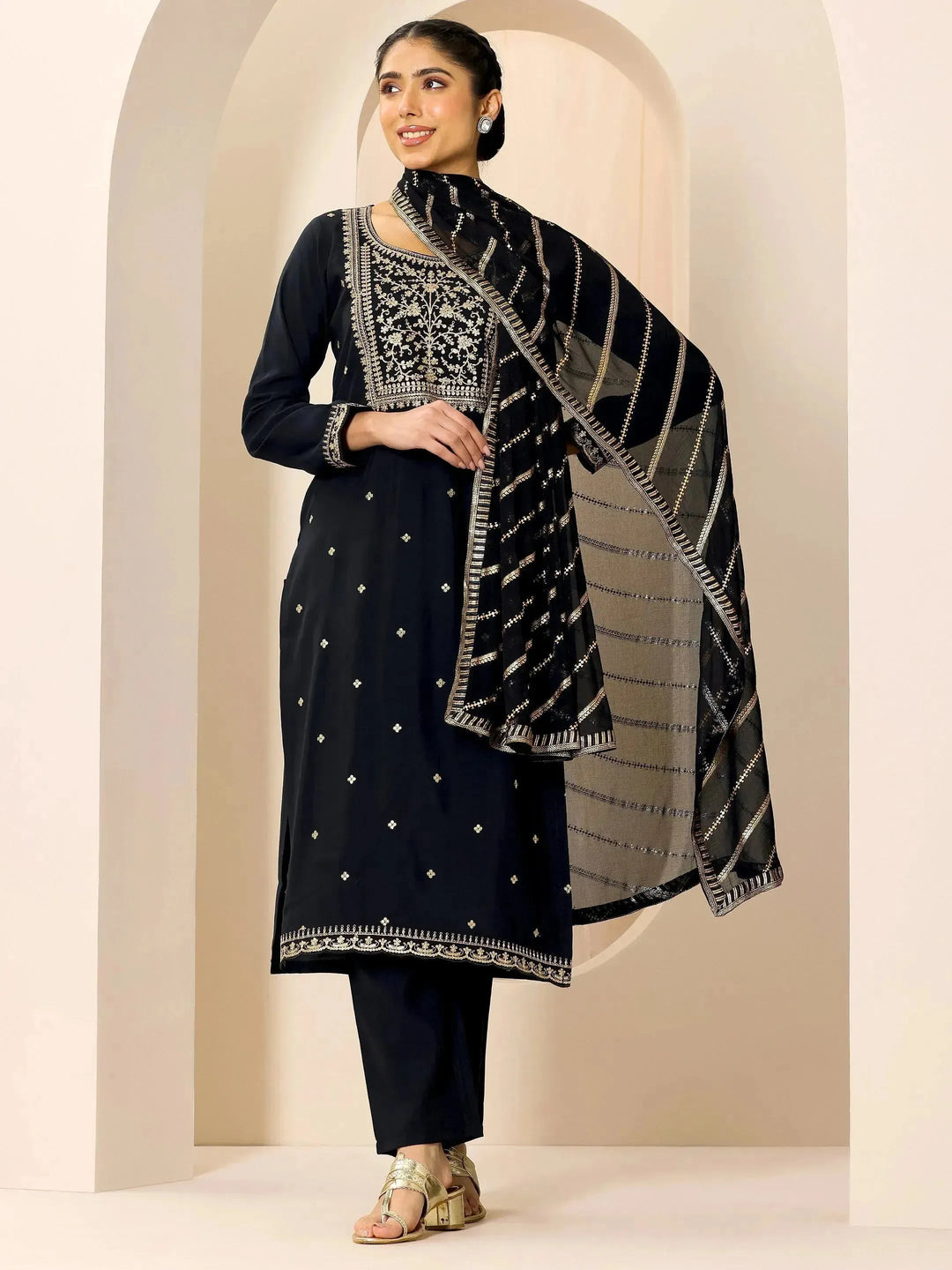  Black Embroidered Silk Blend Straight Suit Set With Dupatta 