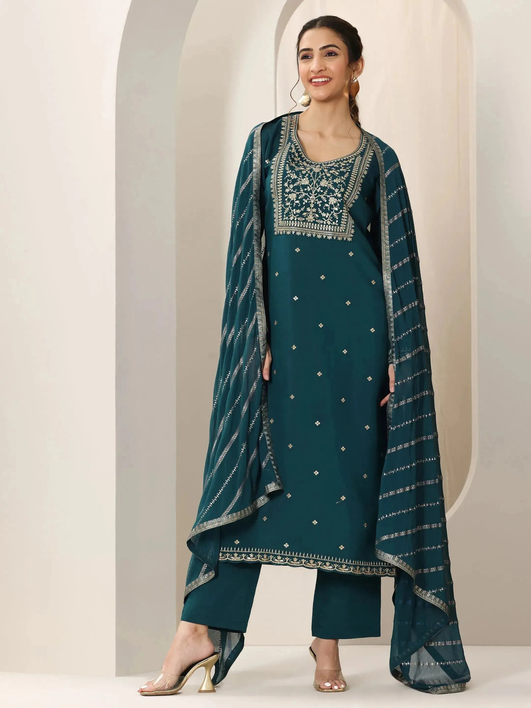  Blue Embroidered Silk Blend Straight Suit Set With Dupatta 