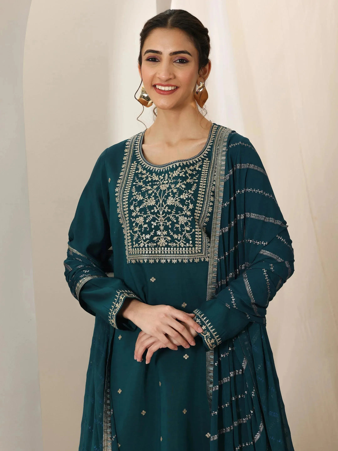  Blue Embroidered Silk Blend Straight Suit Set With Dupatta 