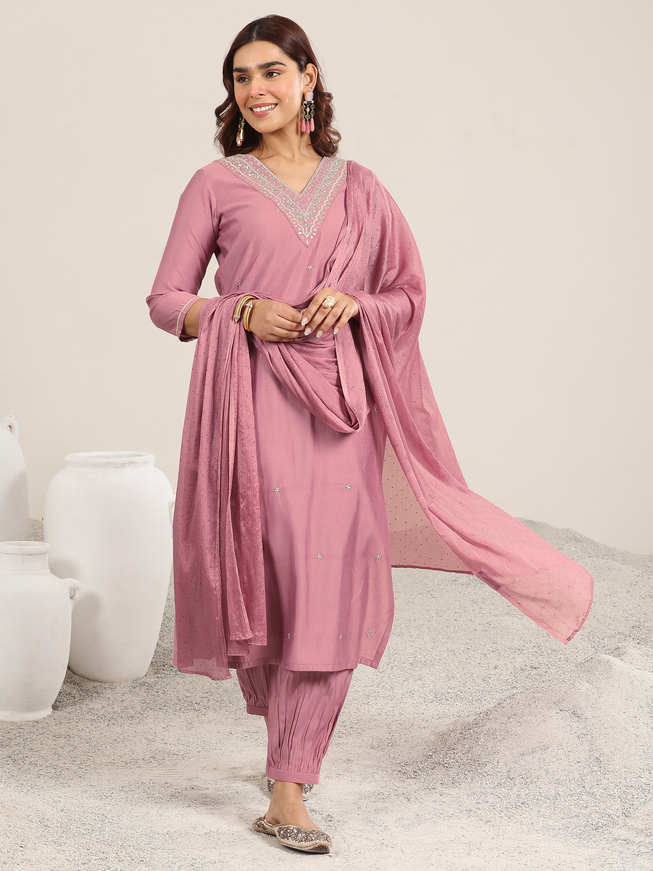 Mauve Embroidered Silk Blend Straight Suit With Dupatta-image-33