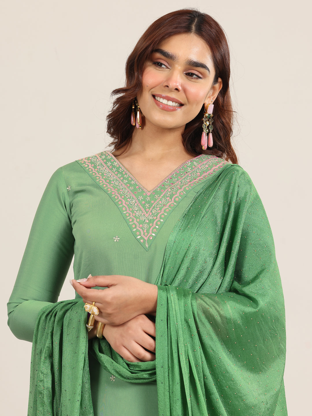  Green Embroidered Silk Blend Straight Suit With Dupatta 