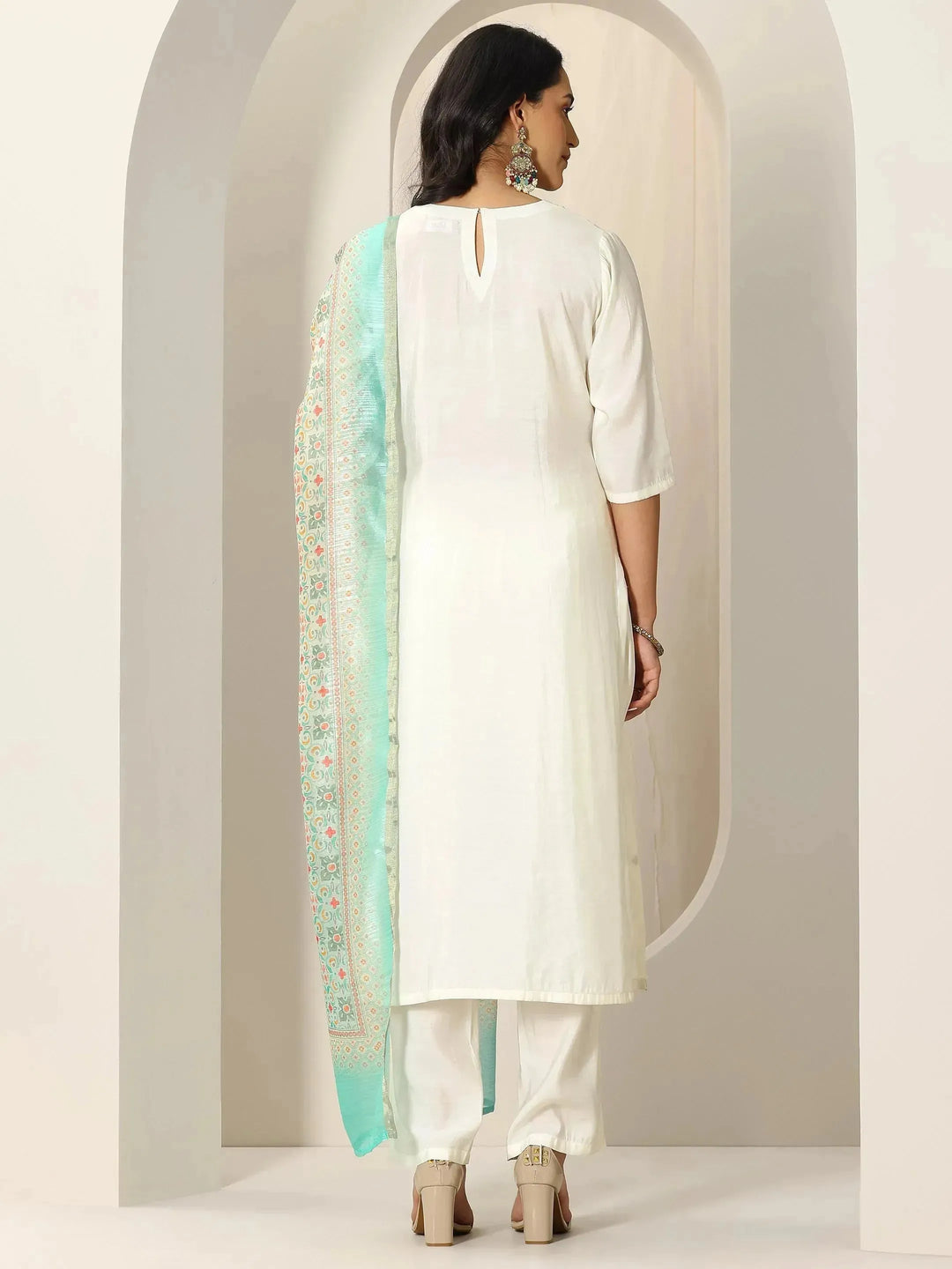 White Embroidered Silk Blend Straight Suit Set With Dupatta