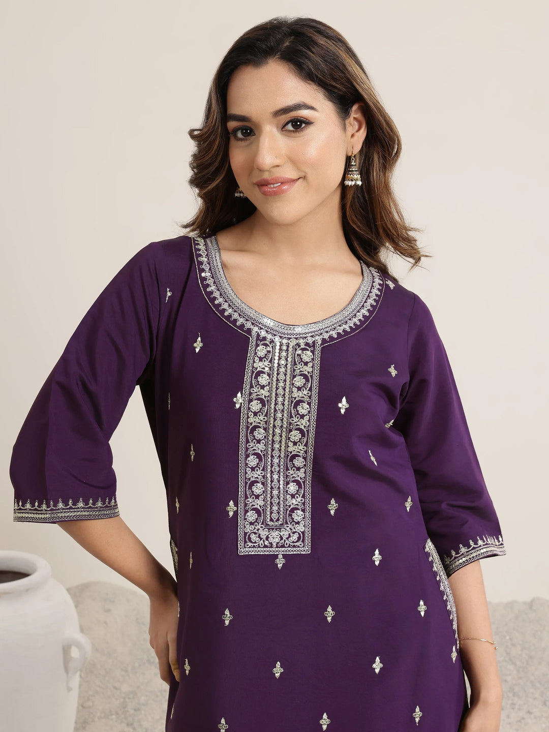  Burgundy Embroidered Silk Blend A-Line Suit Set With Dupatta 
