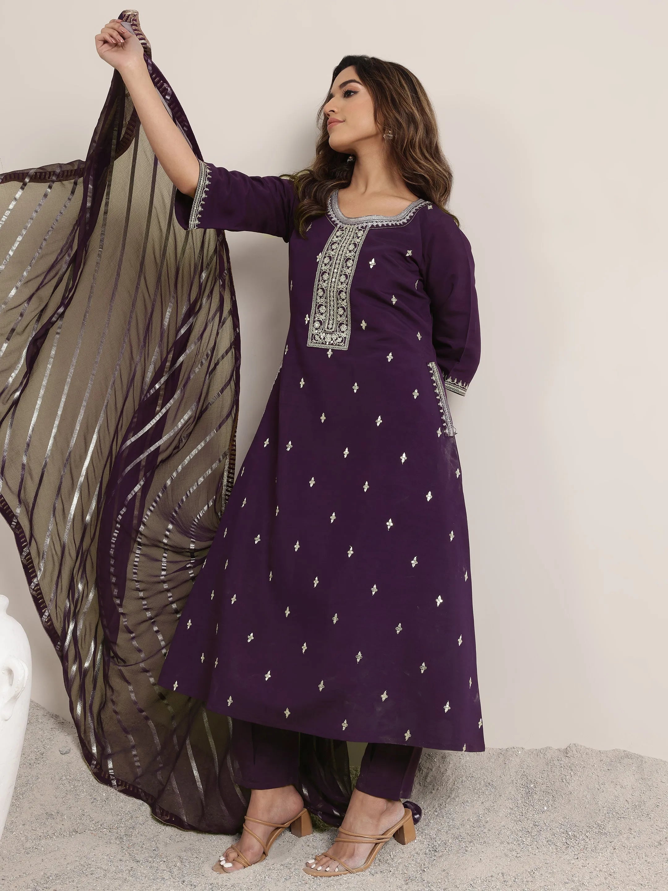 libas Burgundy Embroidered Silk Blend A-Line Suit Set With Dupatta-picture-22