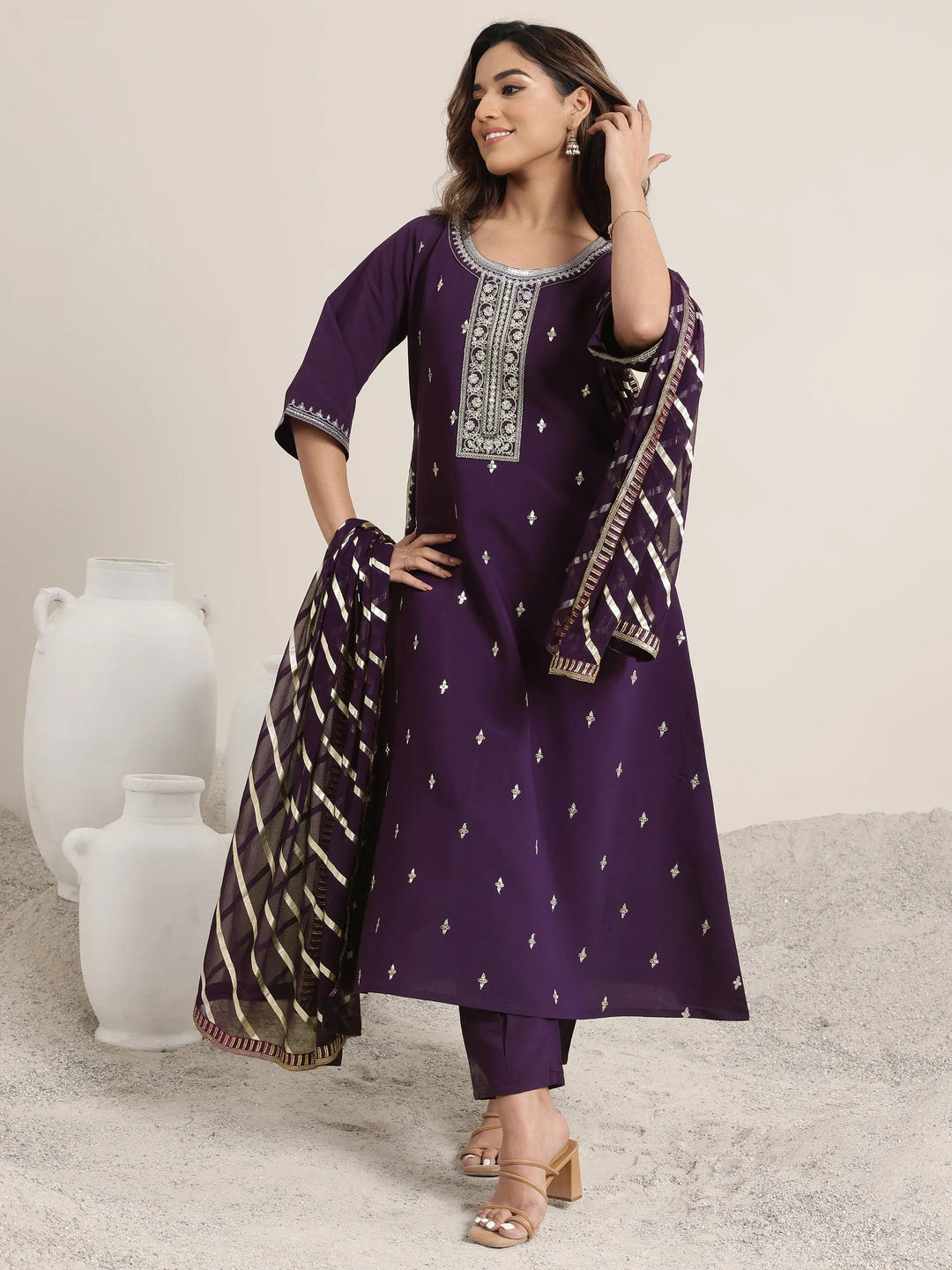  Burgundy Embroidered Silk Blend A-Line Suit Set With Dupatta 