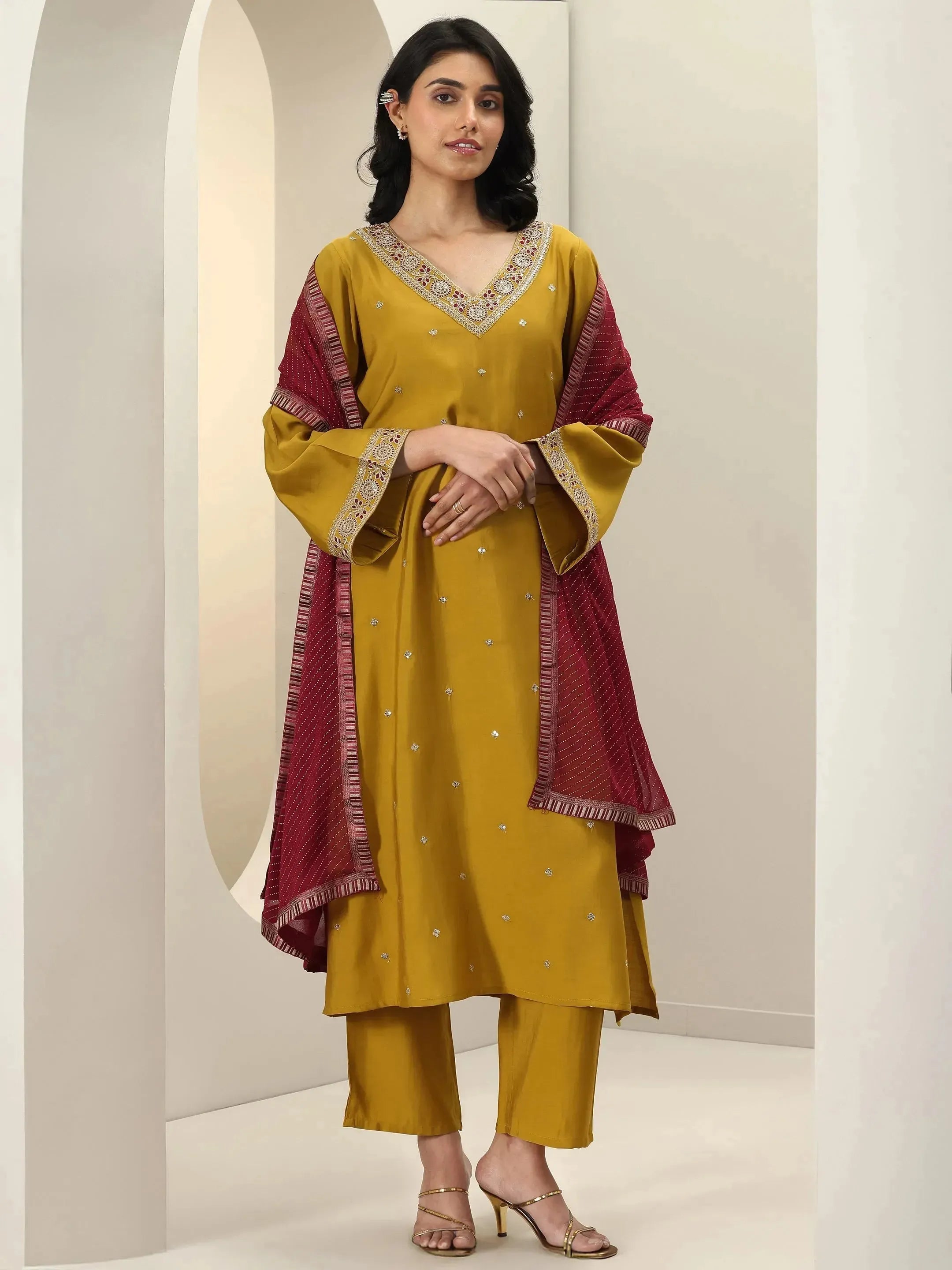 libas Mustard Embroidered Silk Blend Straight Suit Sets With Dupatta-picture-60