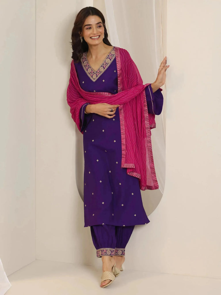 Gerua Purple Embroidered Silk Blend Straight Suit Set With Dupatta