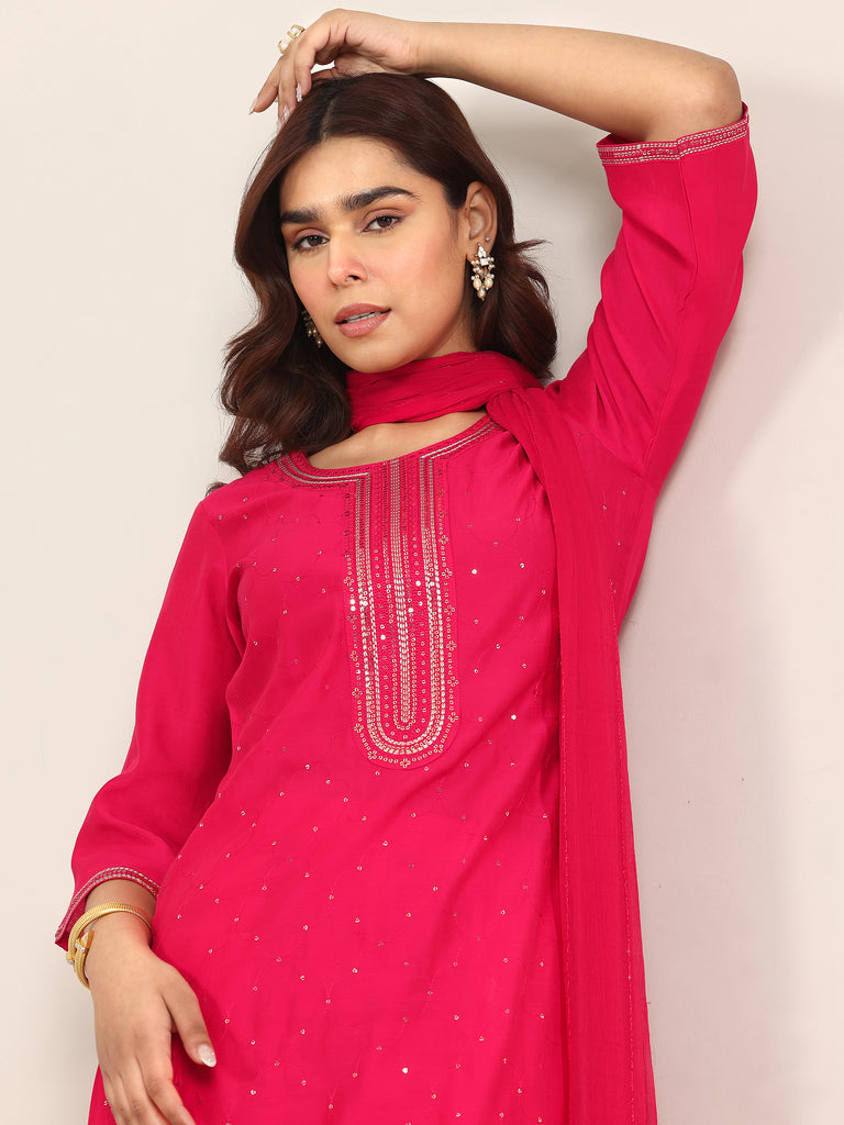 Gerua Pink Embellished Silk Blend Straight Suit With Dupatta
