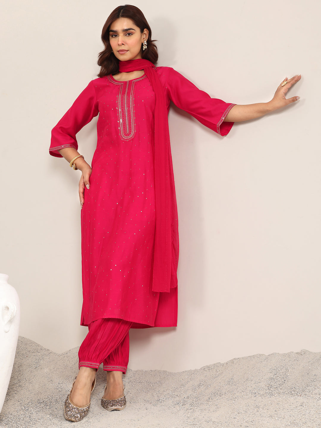  Pink Embellished Silk Blend Straight Suit With Dupatta 