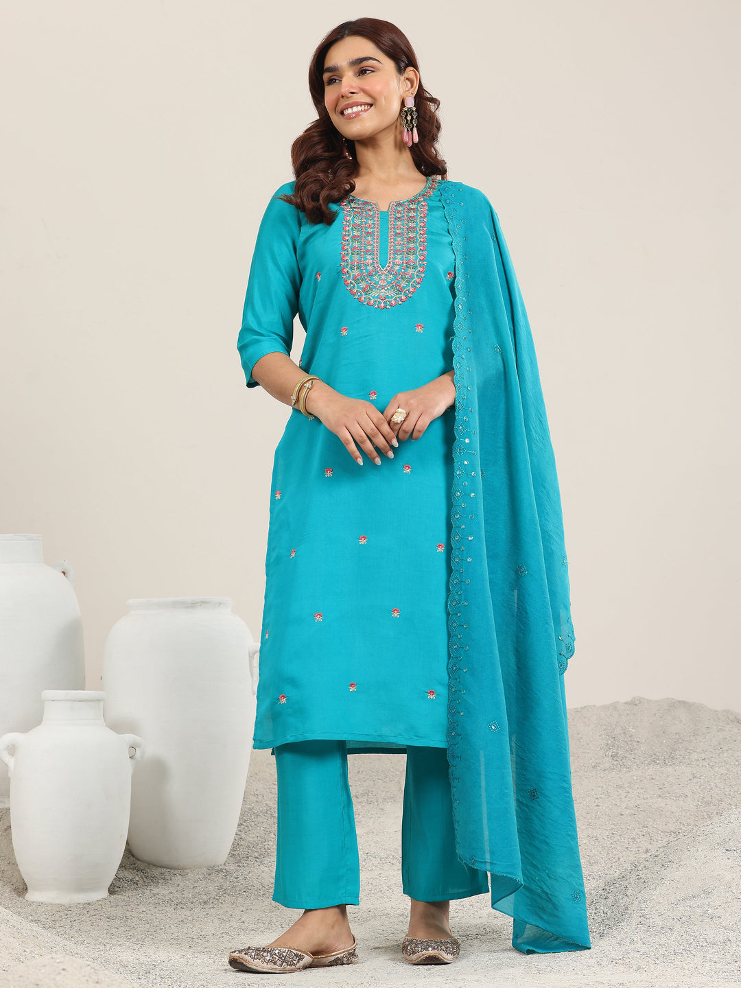  Teal Embroidered Silk Blend Straight Suit With Dupatta 