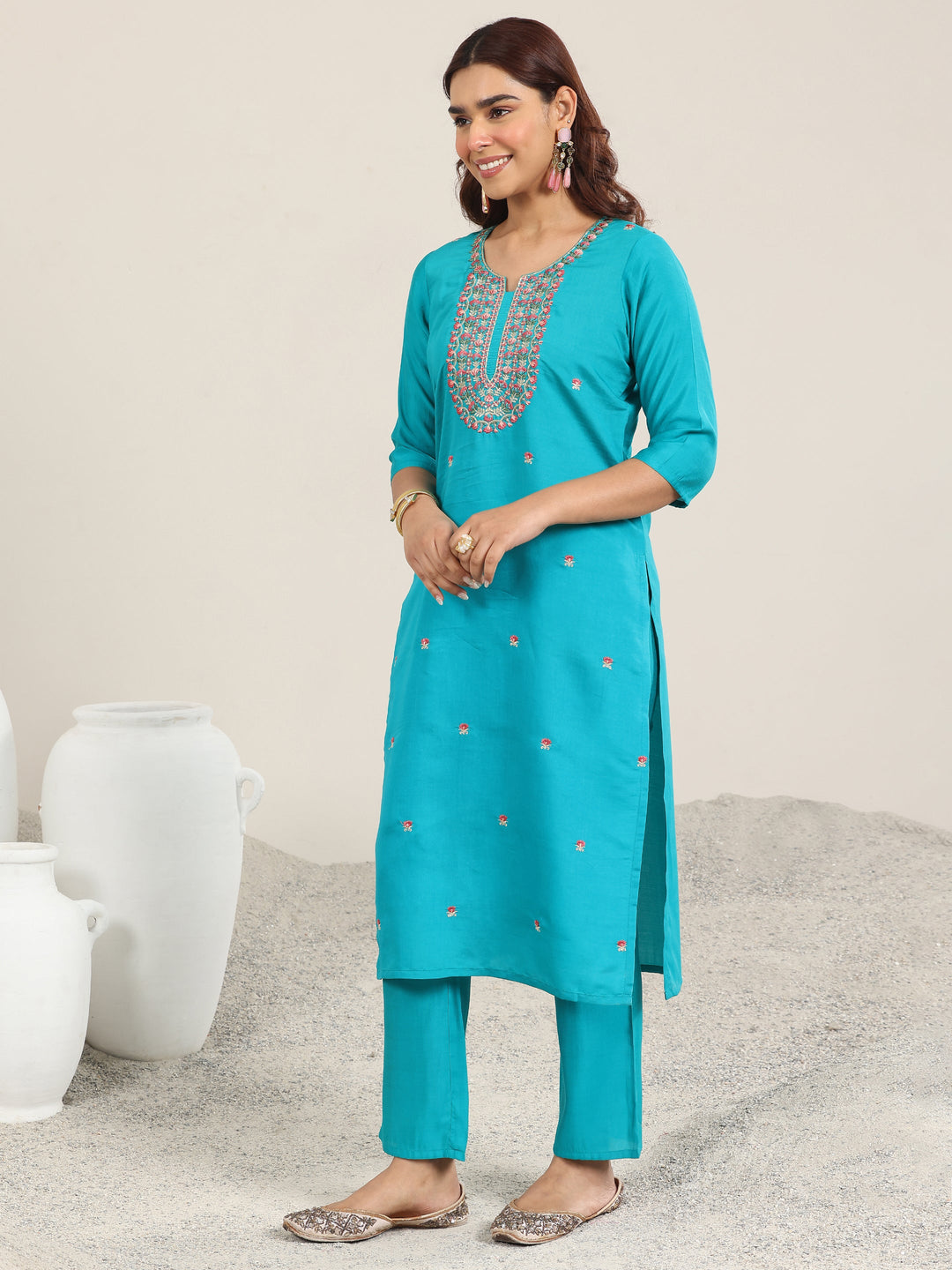  Teal Embroidered Silk Blend Straight Suit With Dupatta 