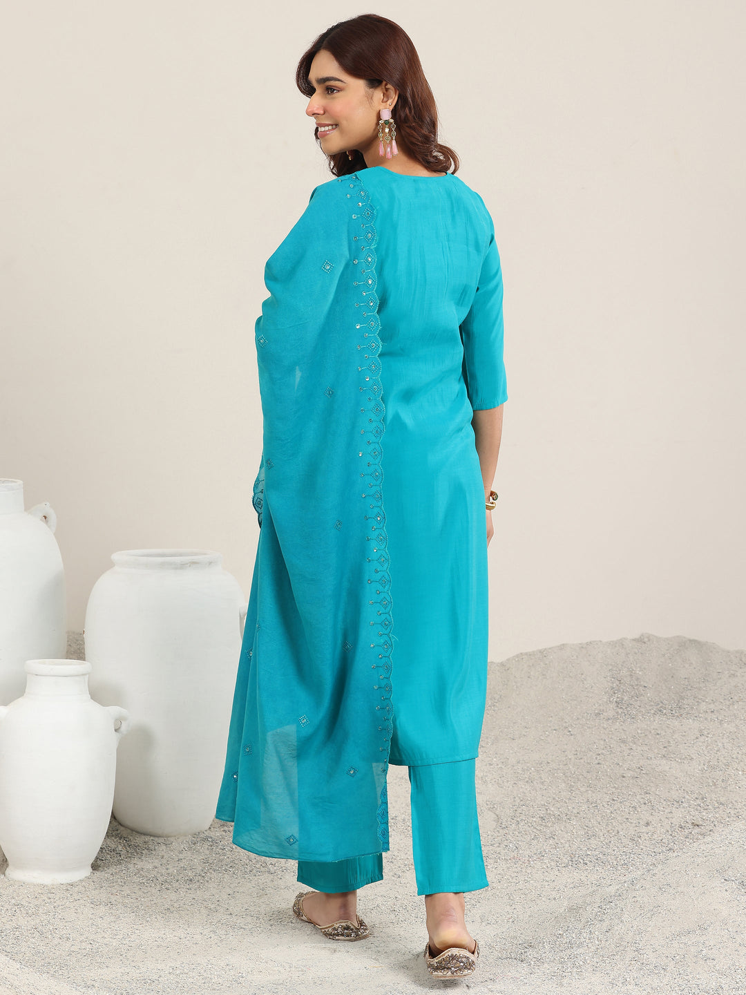  Teal Embroidered Silk Blend Straight Suit With Dupatta 